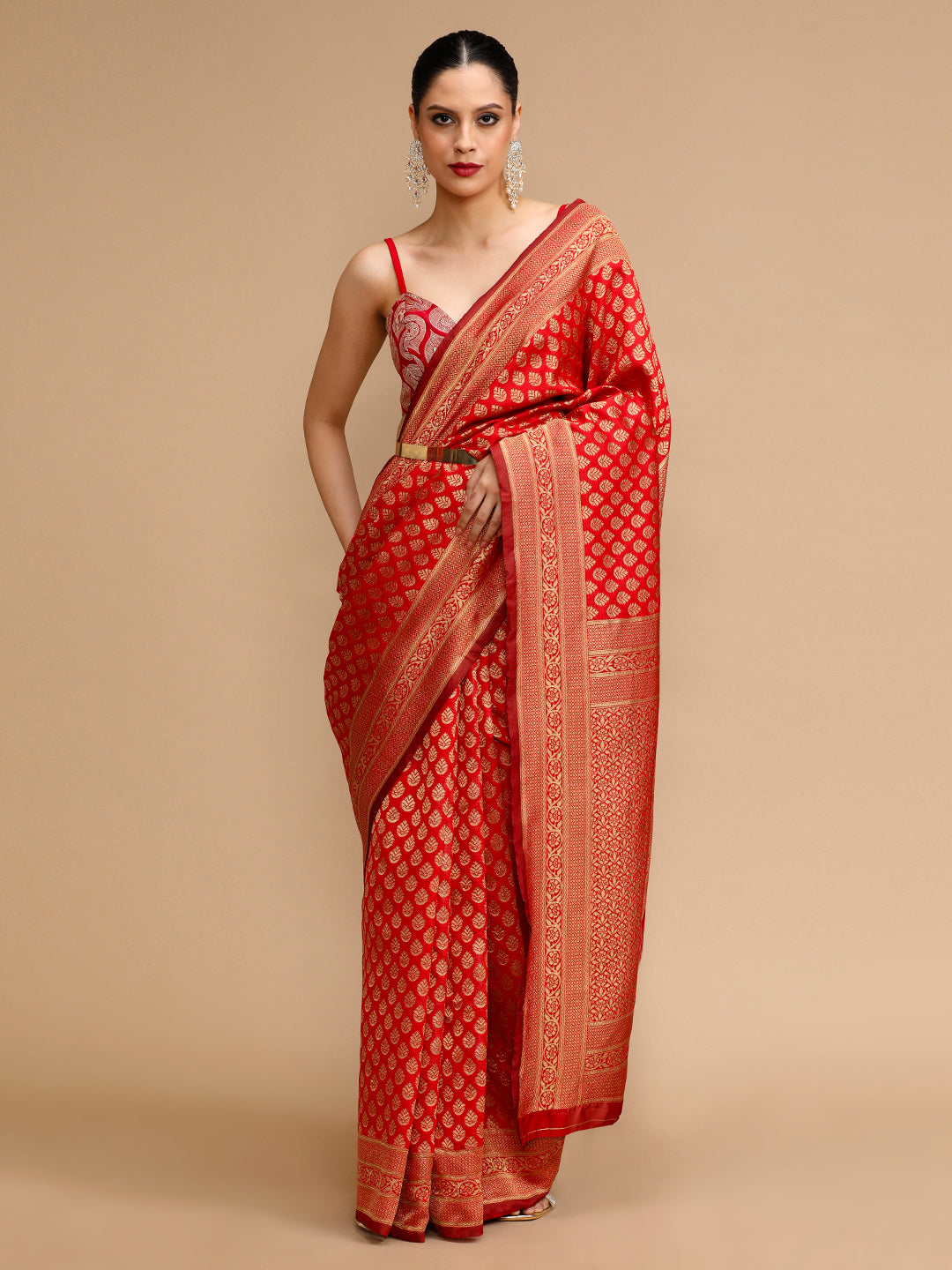 Red Lichi Silk Saree Woven Jacquard Designer For Ceremonial Looks