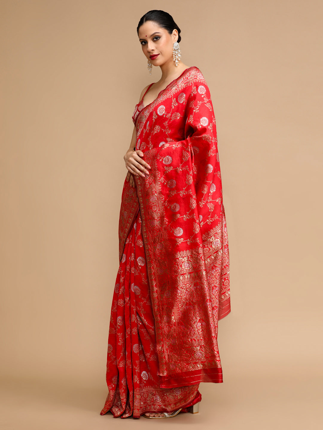 Red Lichi Silk Saree Woven Jacquard Designer For Ceremonial Looks