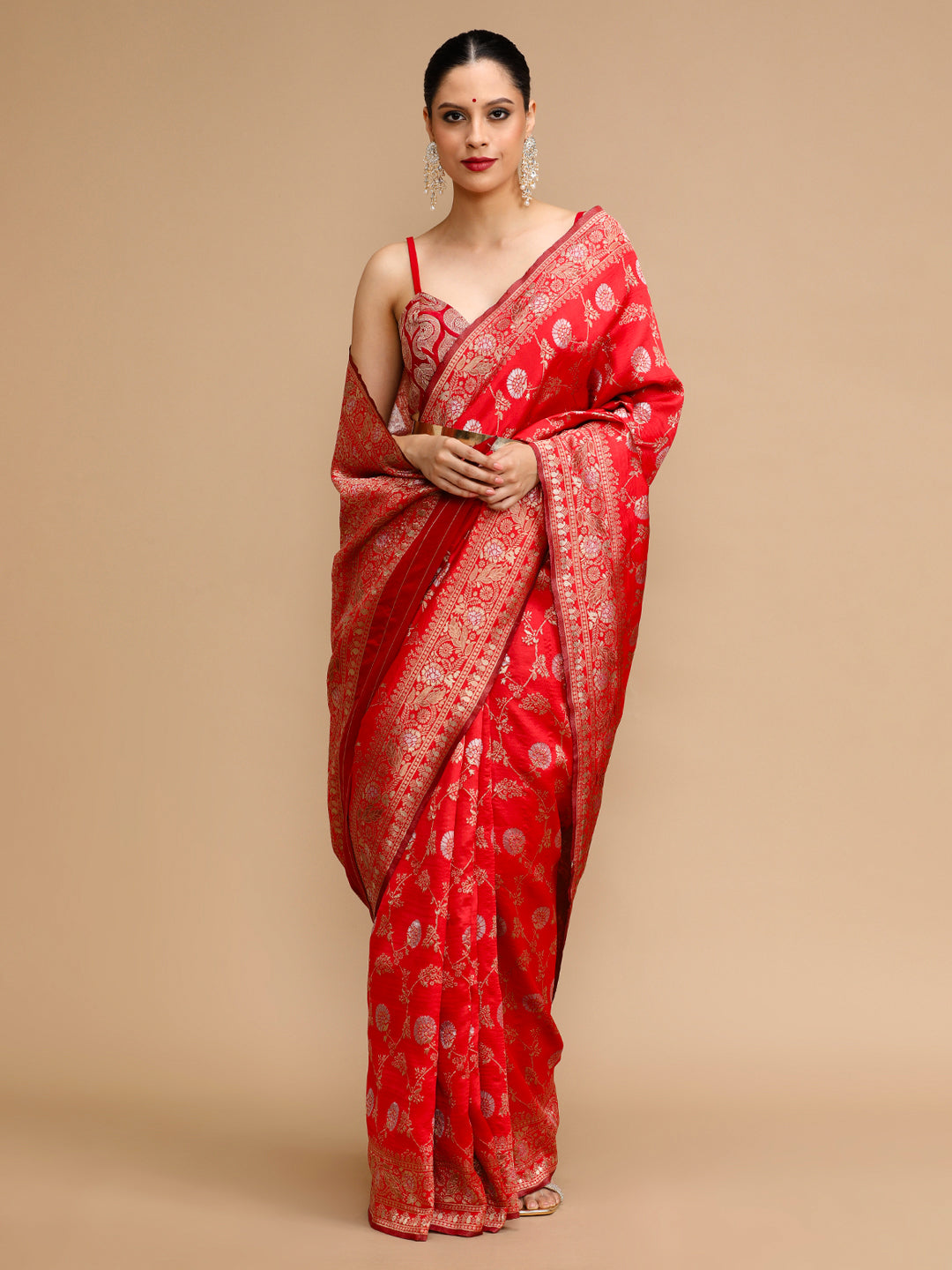 Red Lichi Silk Saree Woven Jacquard Designer For Ceremonial Looks
