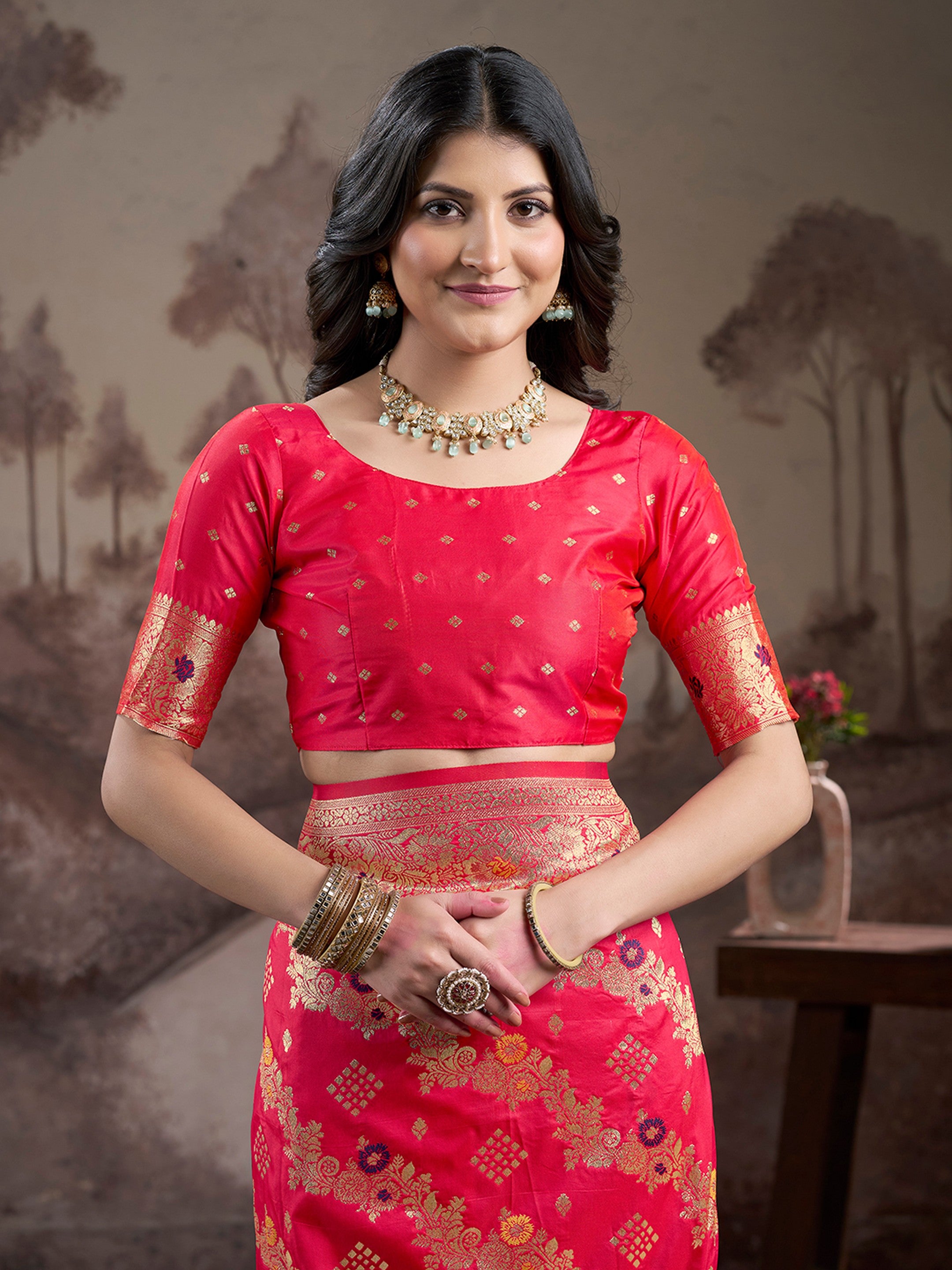 Red Lichi Silk Woven Rich Pallu Designer Heavy Partywear Saree