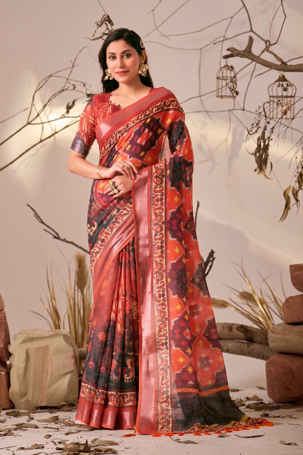 Red Linen Cotton Saree with Digital Print