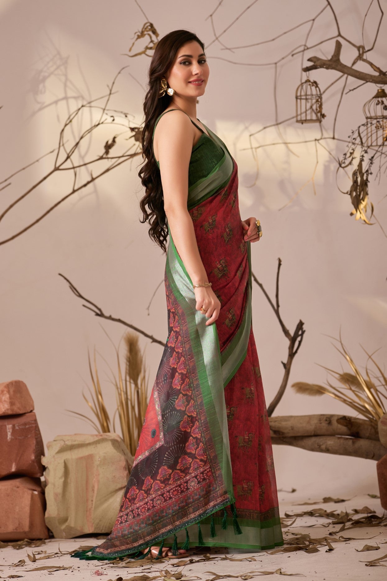 Red Linen Cotton Saree with Digital Print
