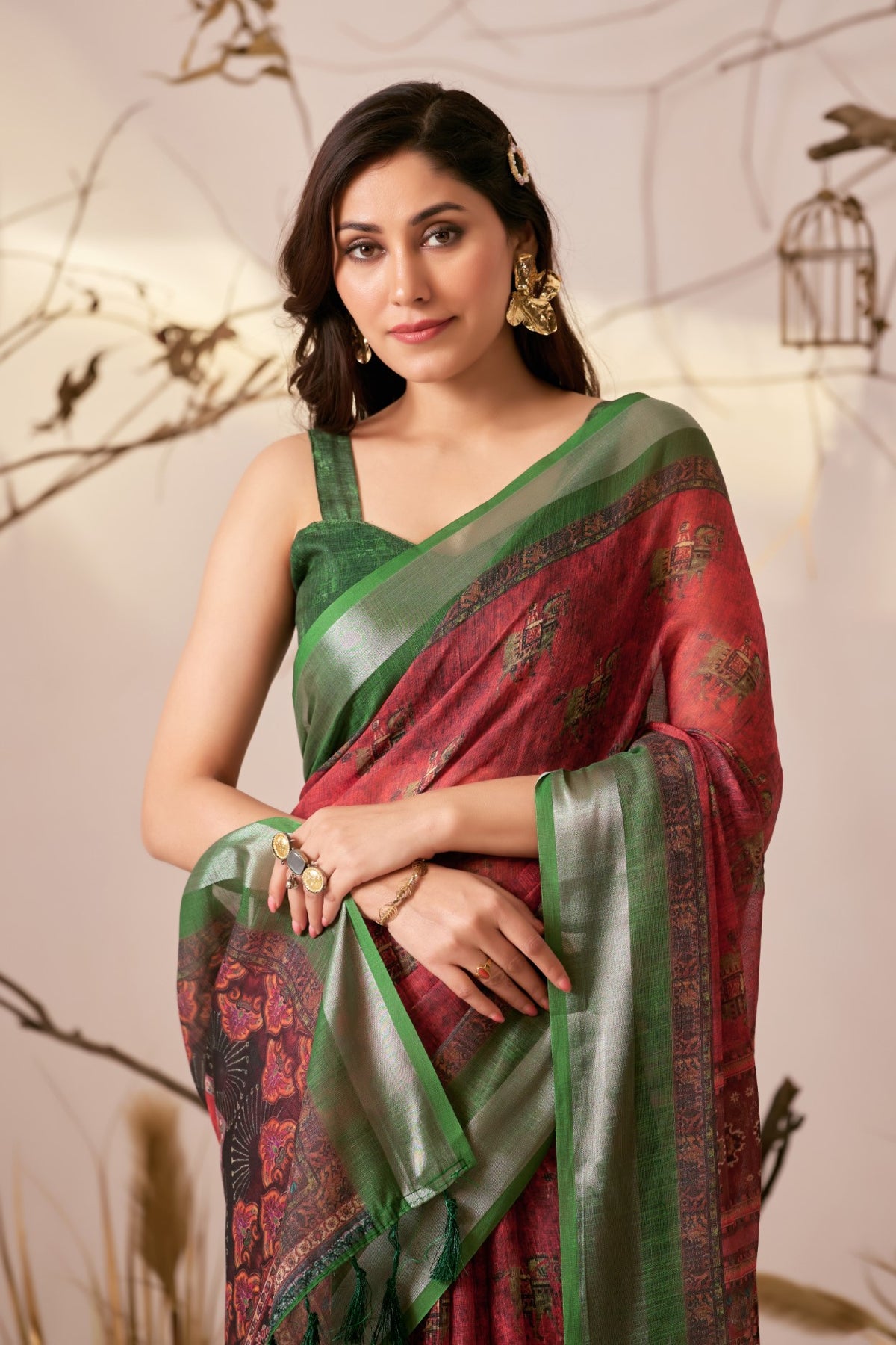 Red Linen Cotton Saree with Digital Print