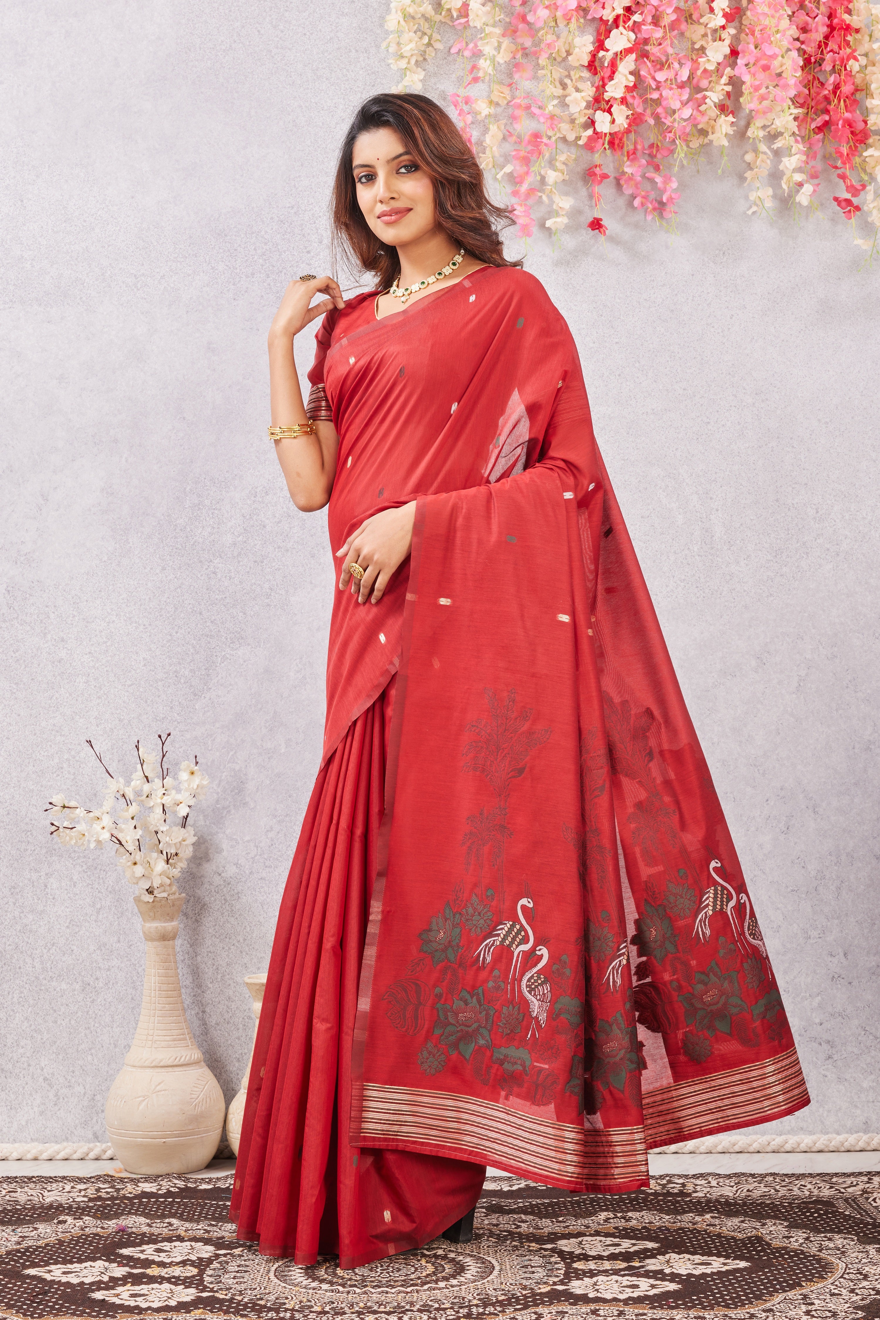 Red Linen Cotton Saree with Ethnic Motif Design & Rich Jacquard Pallu