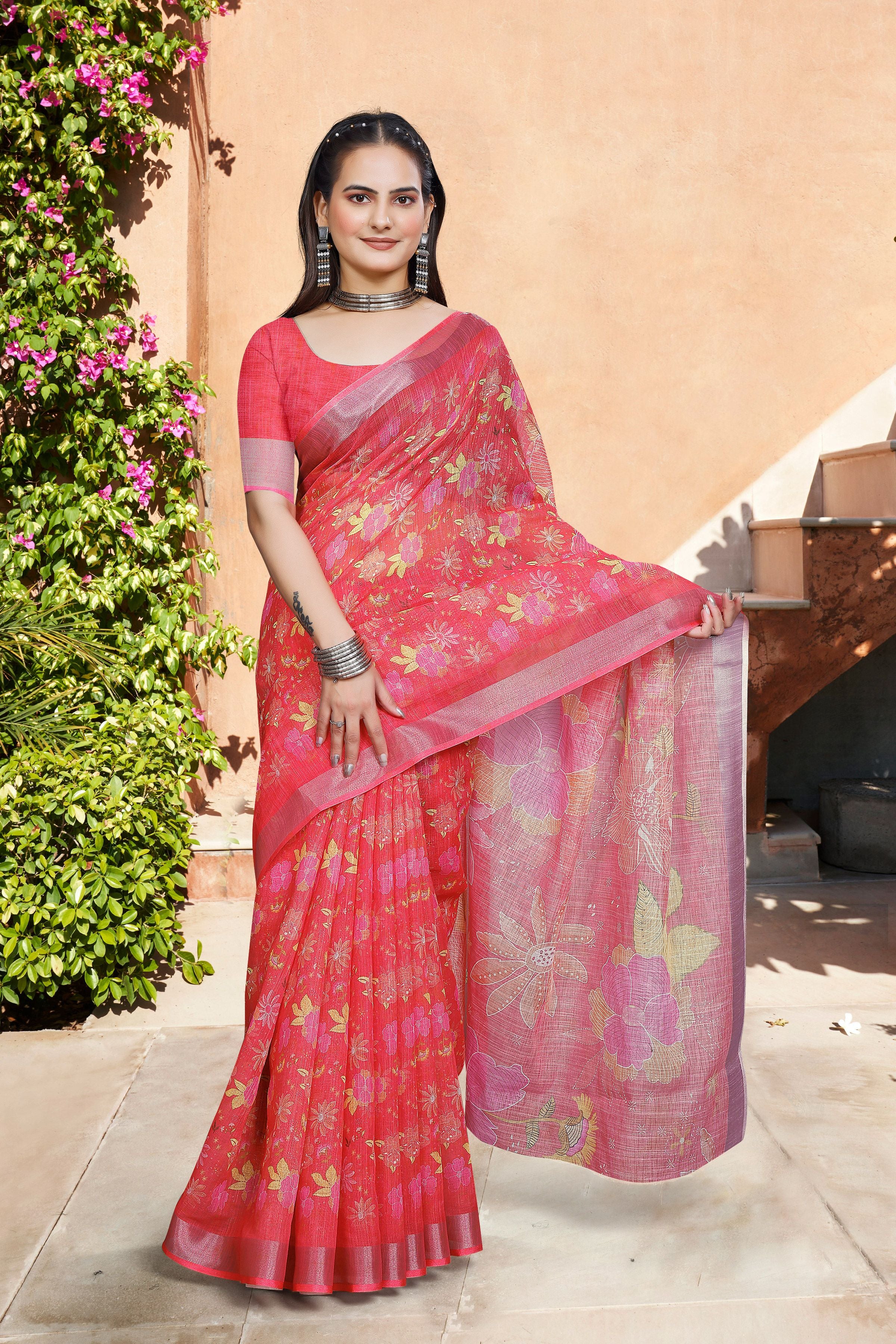 Red Linen Cotton Woven Border Designer Printed Saree