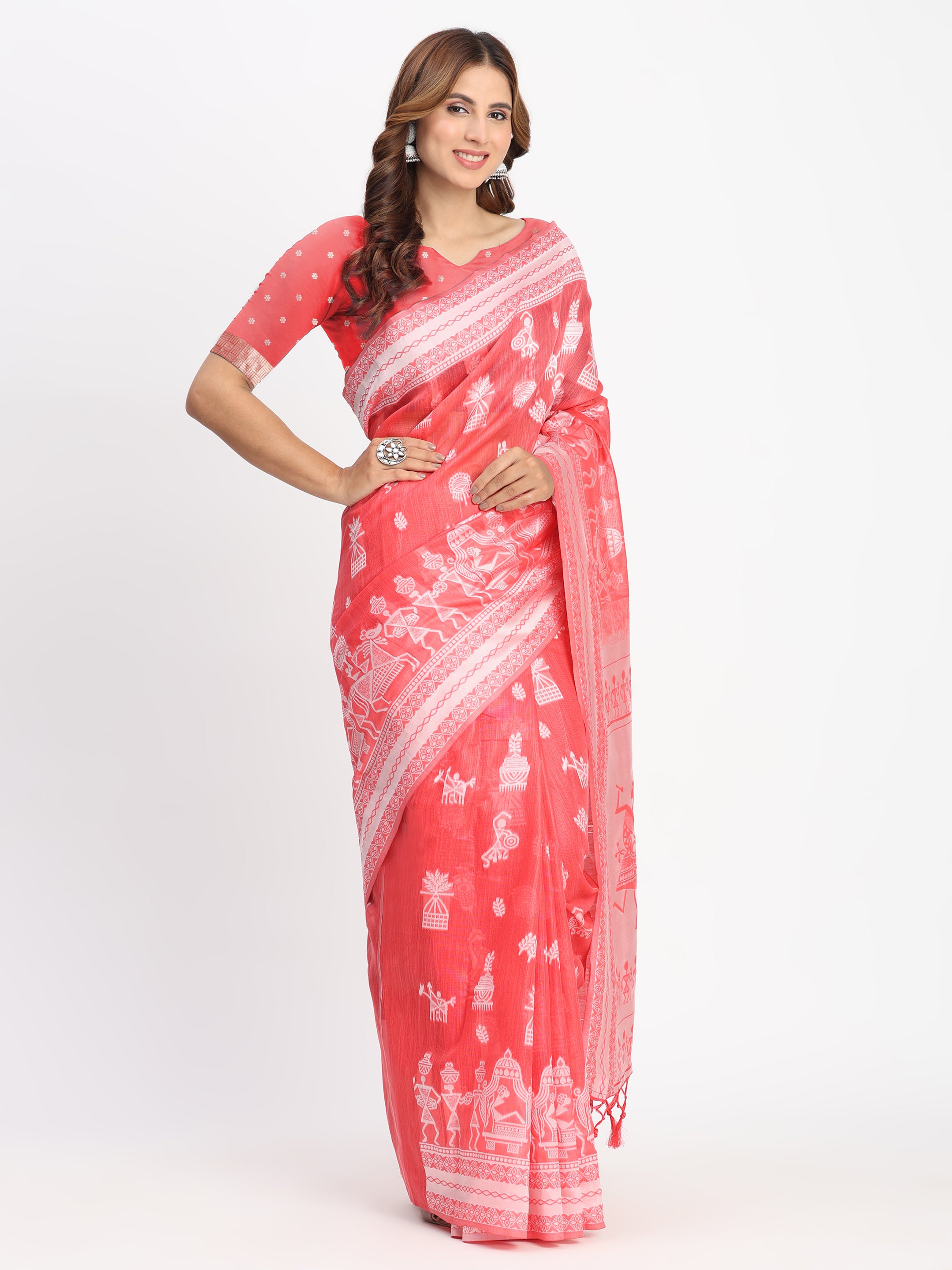 Red Linen Cotton Woven Designer Graceful Ethnic Saree