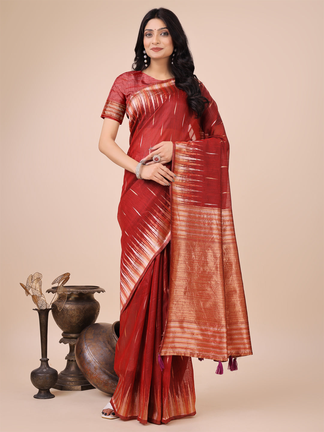 Red Linen Cotton Woven Jacquard Designer Festive Wear Saree