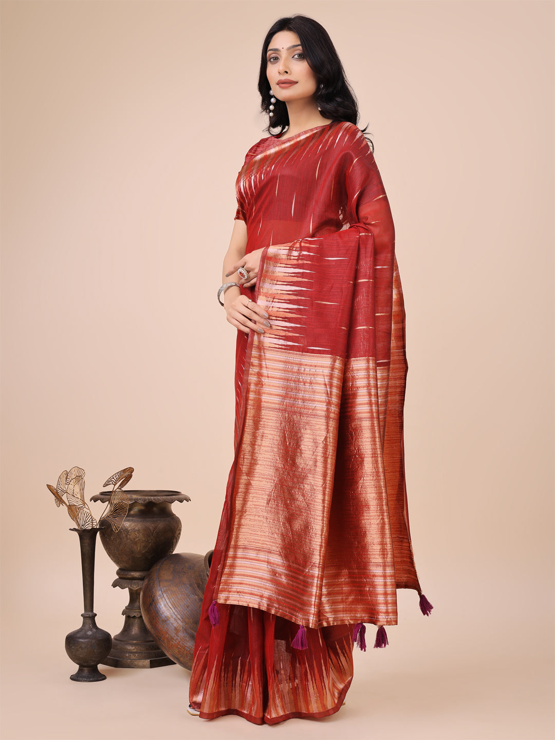 Red Linen Cotton Woven Jacquard Designer Festive Wear Saree