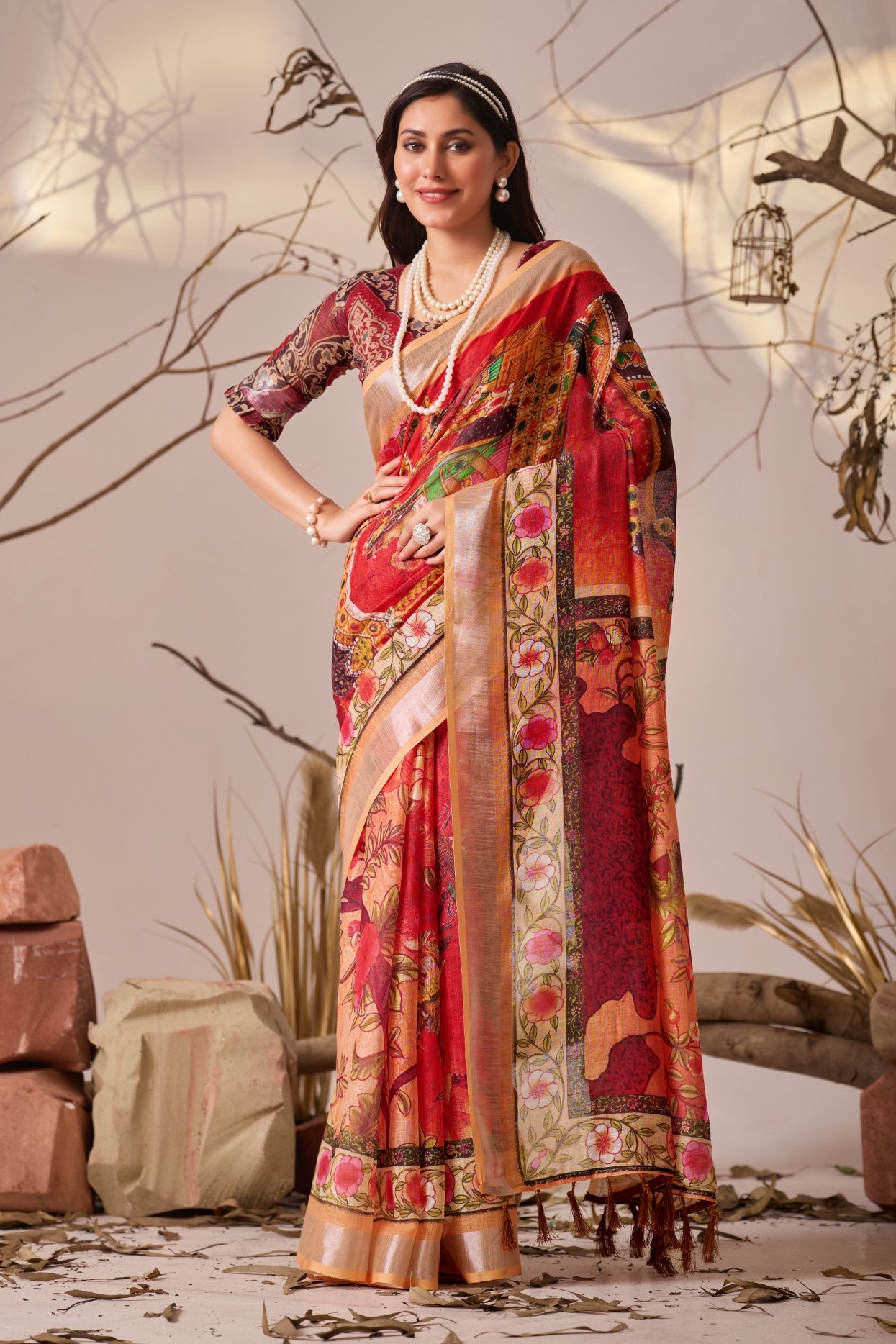Red Linen Cotton saree With Digital Print