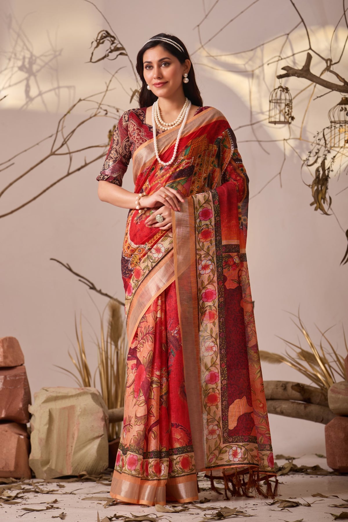 Red Linen Cotton saree With Digital Print