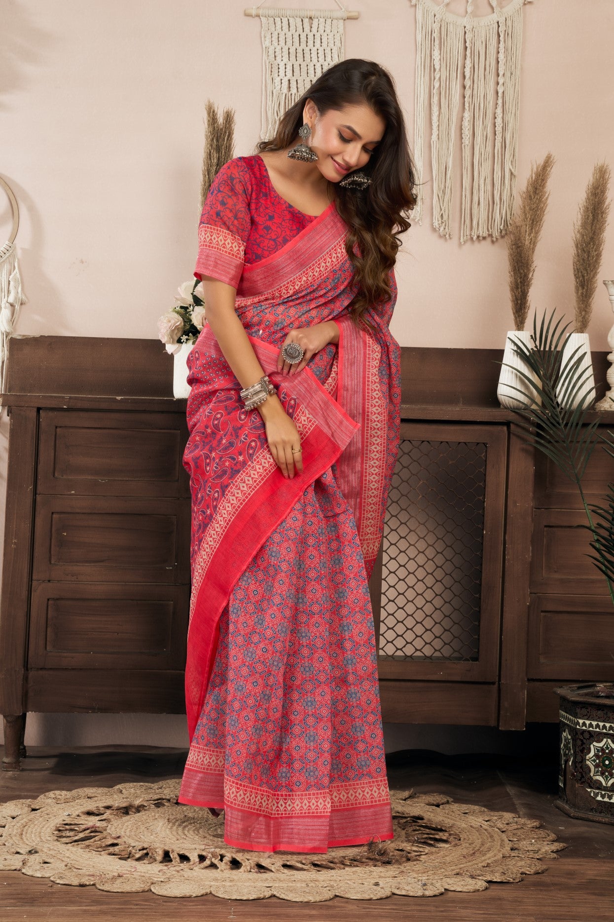 Red Linen Ready To Wear Saree With Zari Border Printed