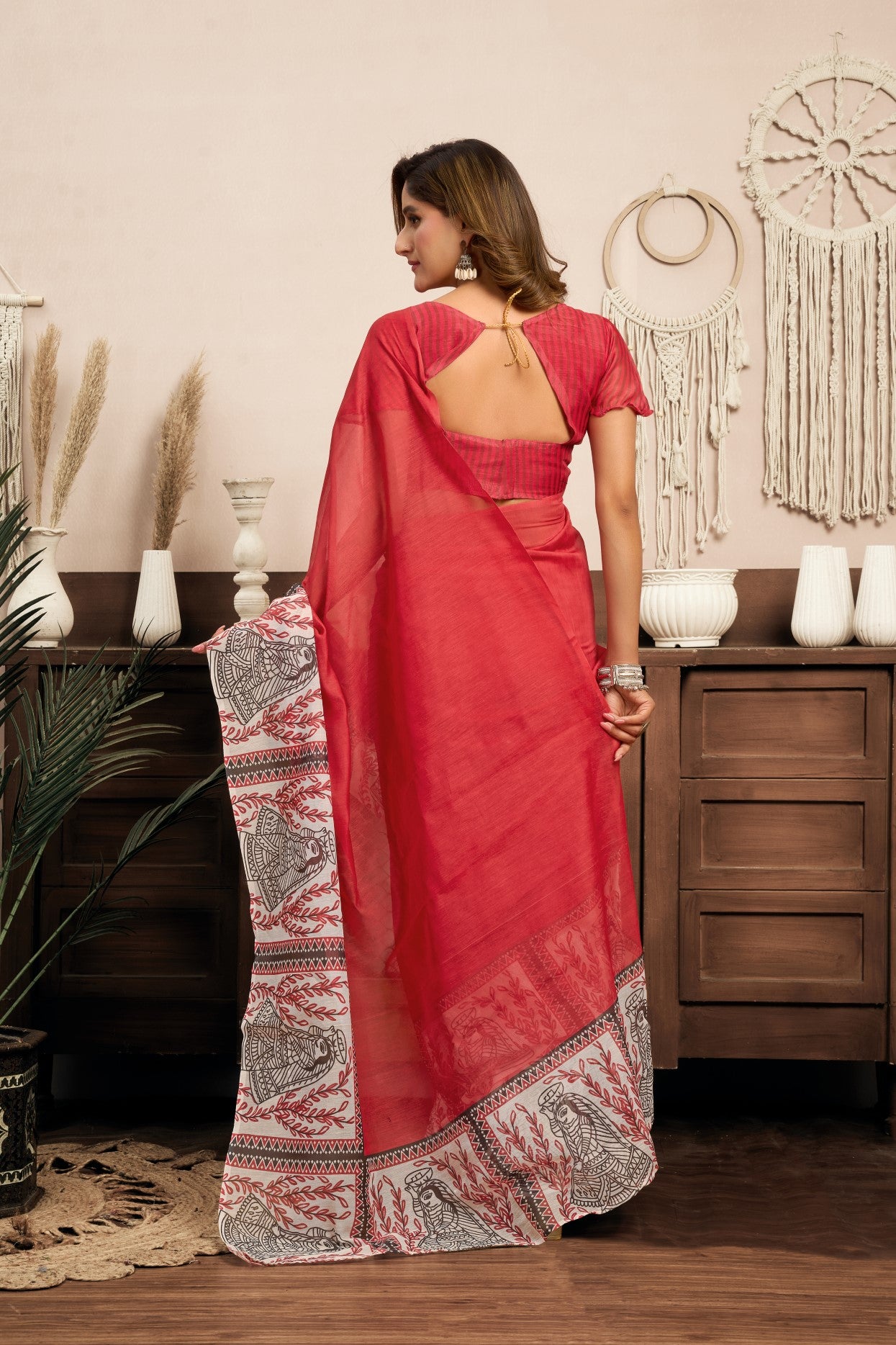 Red Linen Ready To Wear Saree With Zari Border Printed