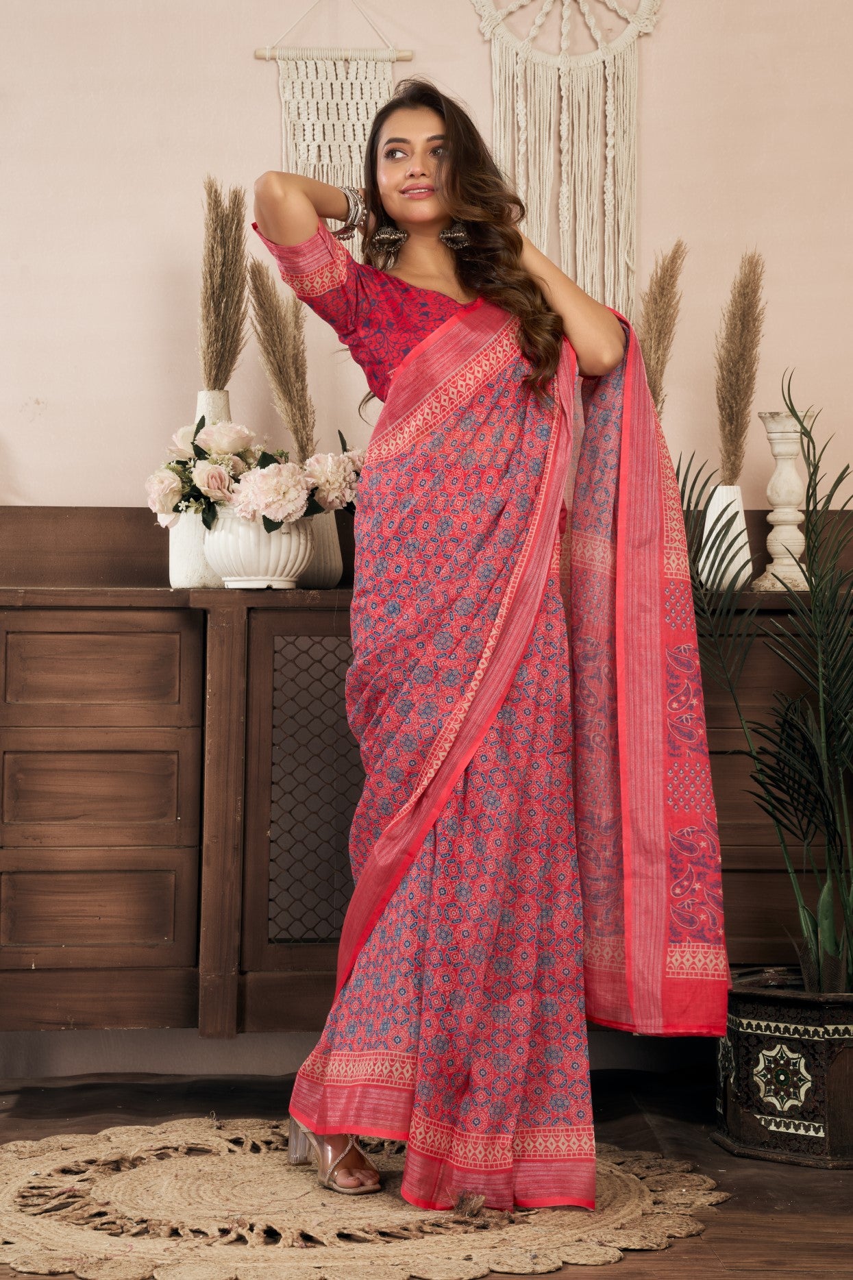 Red Linen Ready To Wear Saree With Zari Border Printed
