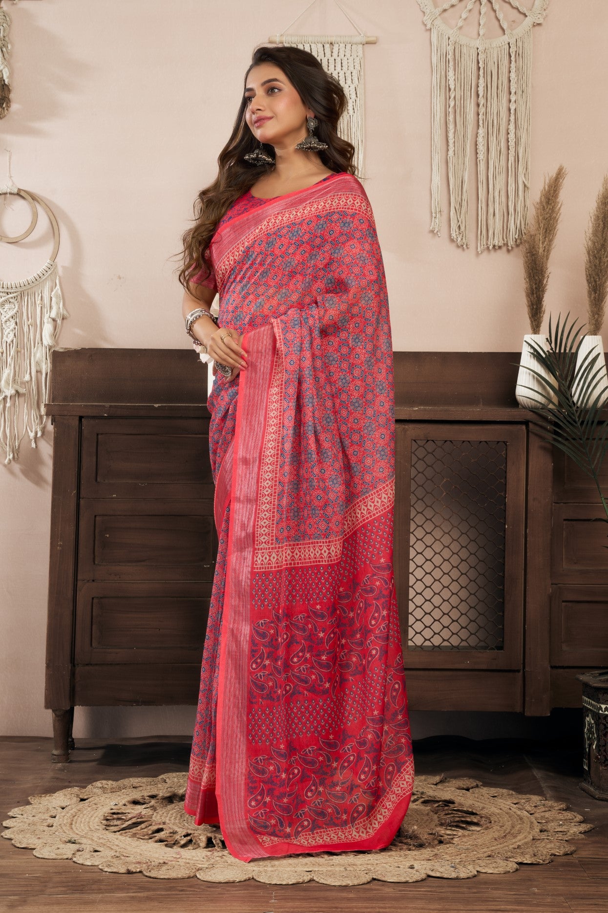 Red Linen Ready To Wear Saree With Zari Border Printed
