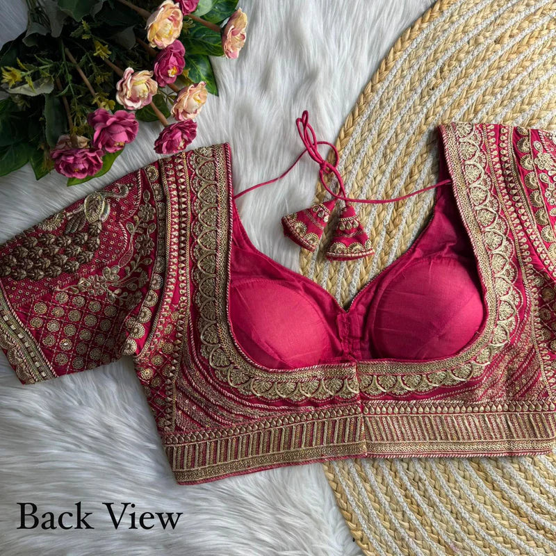 Red Luxe Bridal Roman Silk Blouse with Gold Zari, Embroidery & Sequins