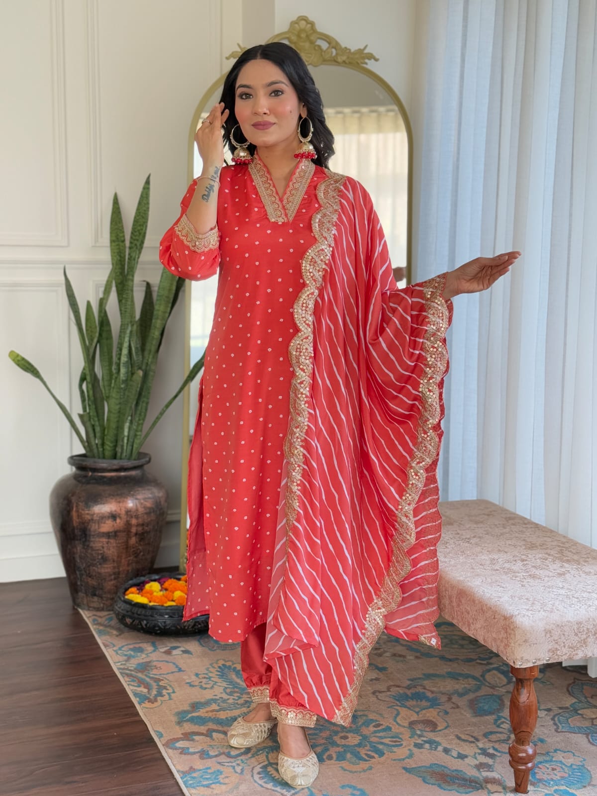 Red Muslin Silk Kurta Pant Set With Print With Thread Embroidery Work