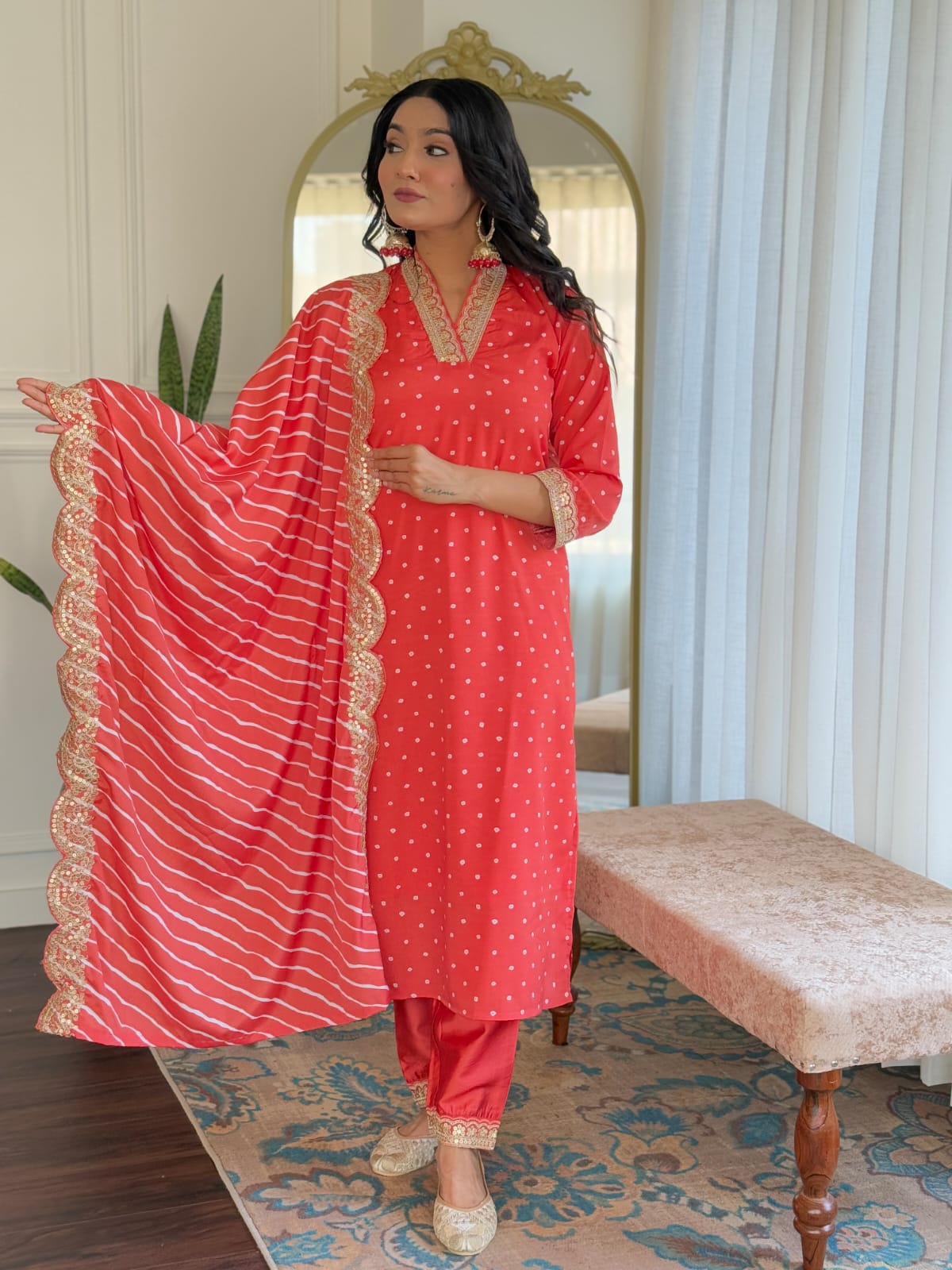 Red Muslin Silk Kurta Pant Set With Print With Thread Embroidery Work