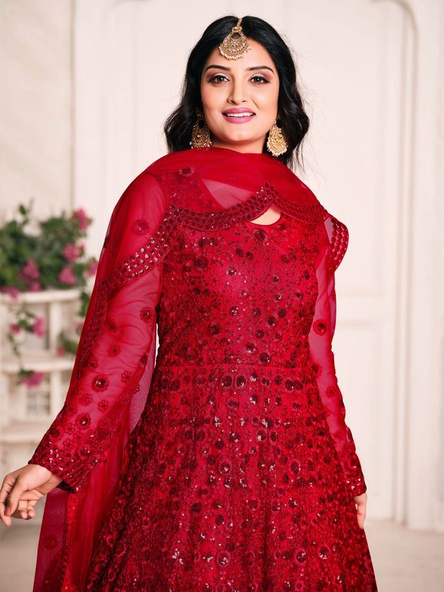 Red Net Heavy Thread Embroidery And Sequence Work Anarkali Suits