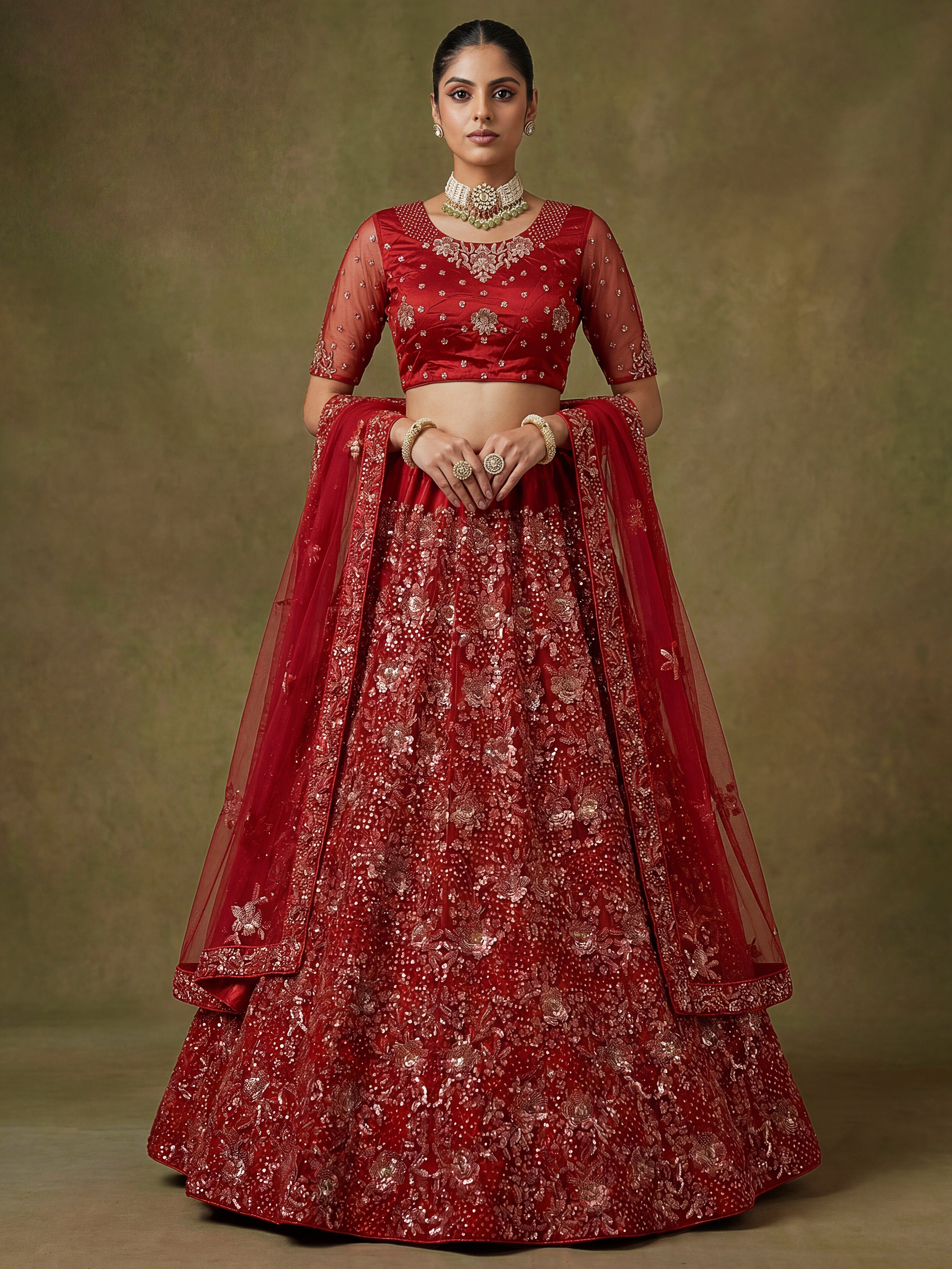 Red Net Lehenga Choli With Fancy Multi Heavy Thread Embroidery With Sequins Work