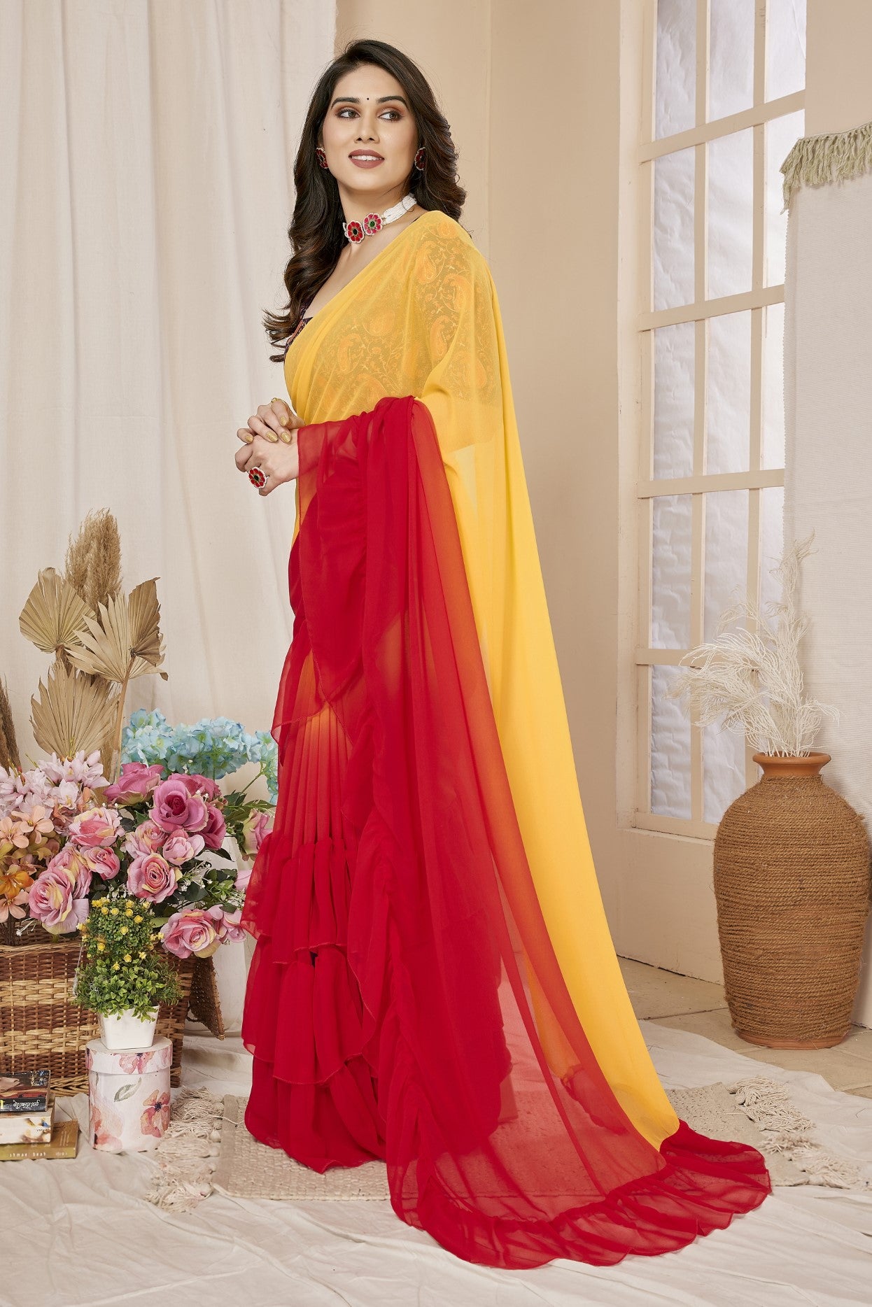 Red Orange Georgette Saree With Ruffle Saree With Printed Blouse
