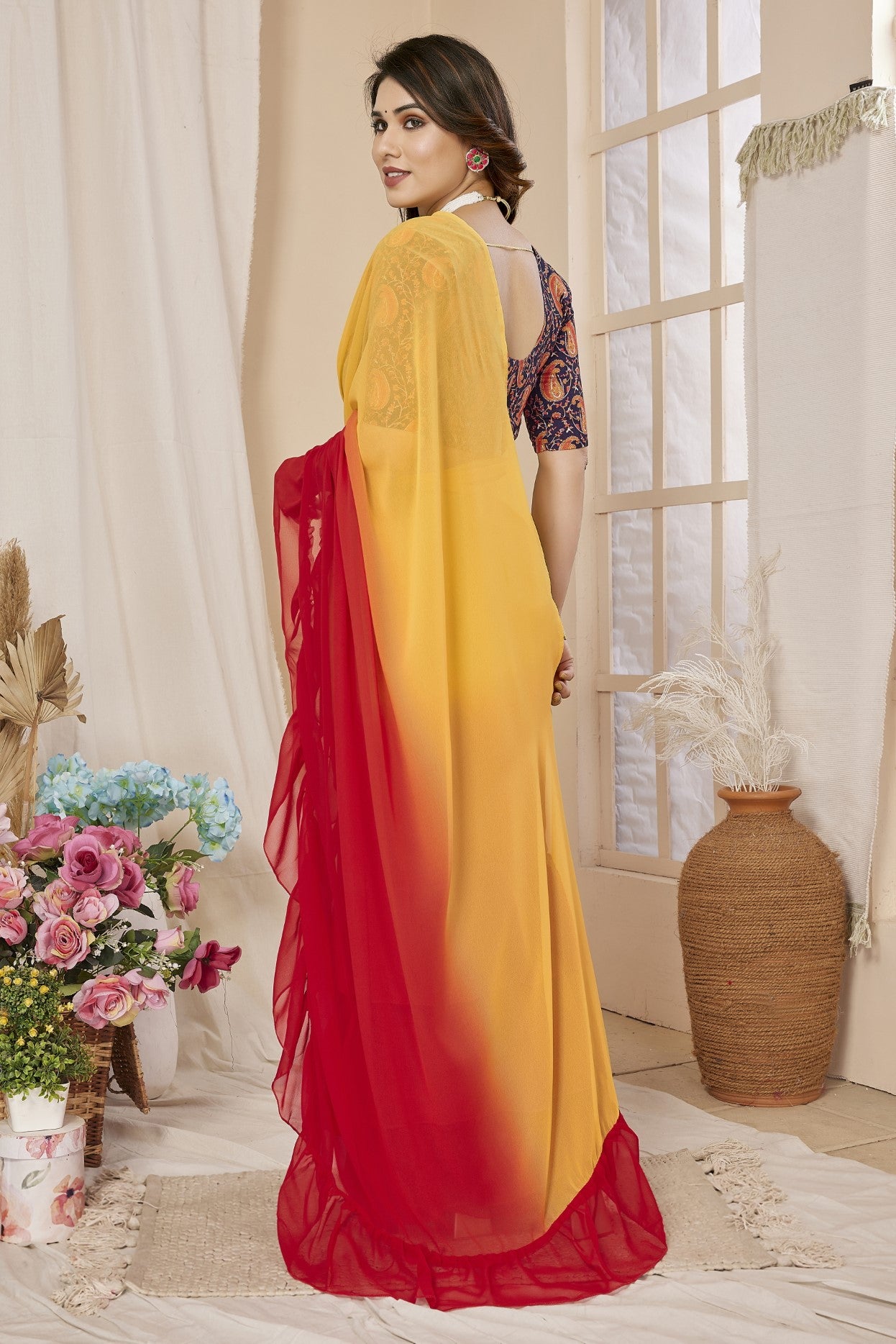 Red Orange Georgette Saree With Ruffle Saree With Printed Blouse