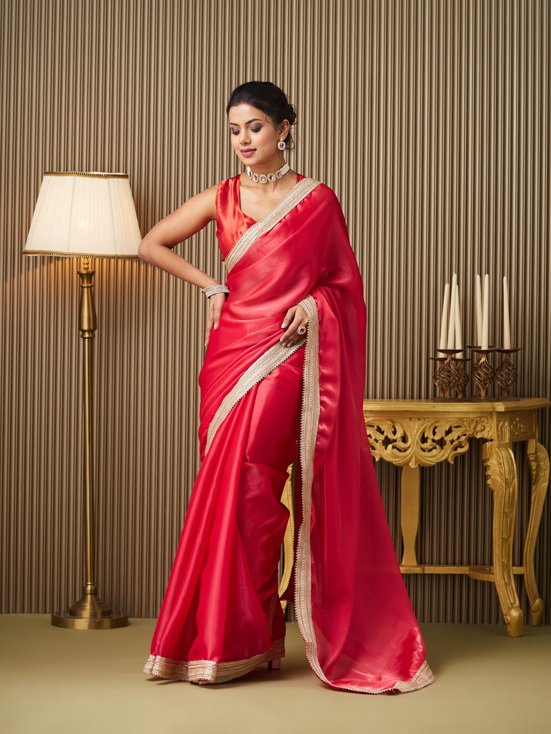 Red Organza Designer Lace Work Ceremonial Saree