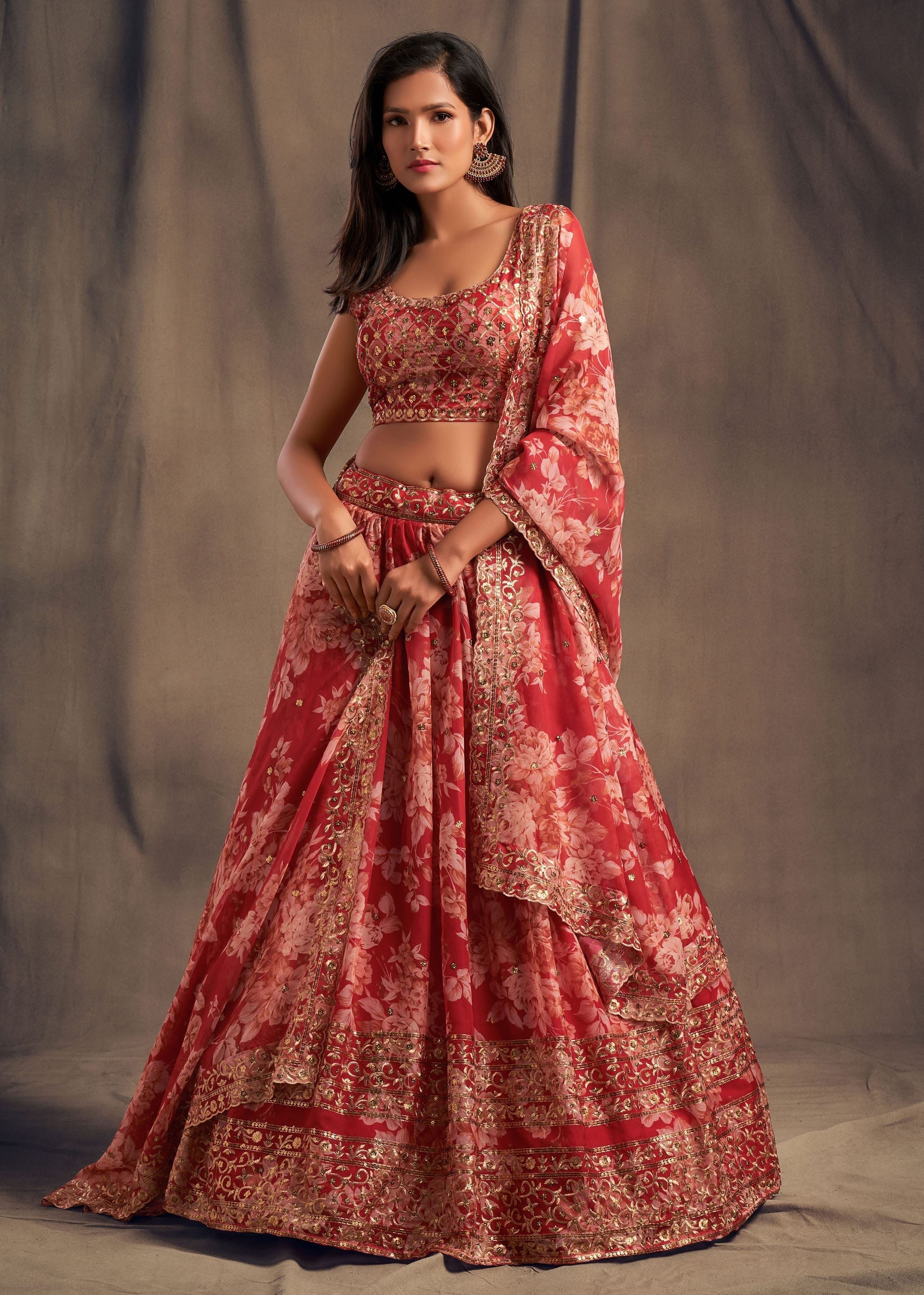 Red Organza Lehenga Choli With Sequins Zari Embroidery Work