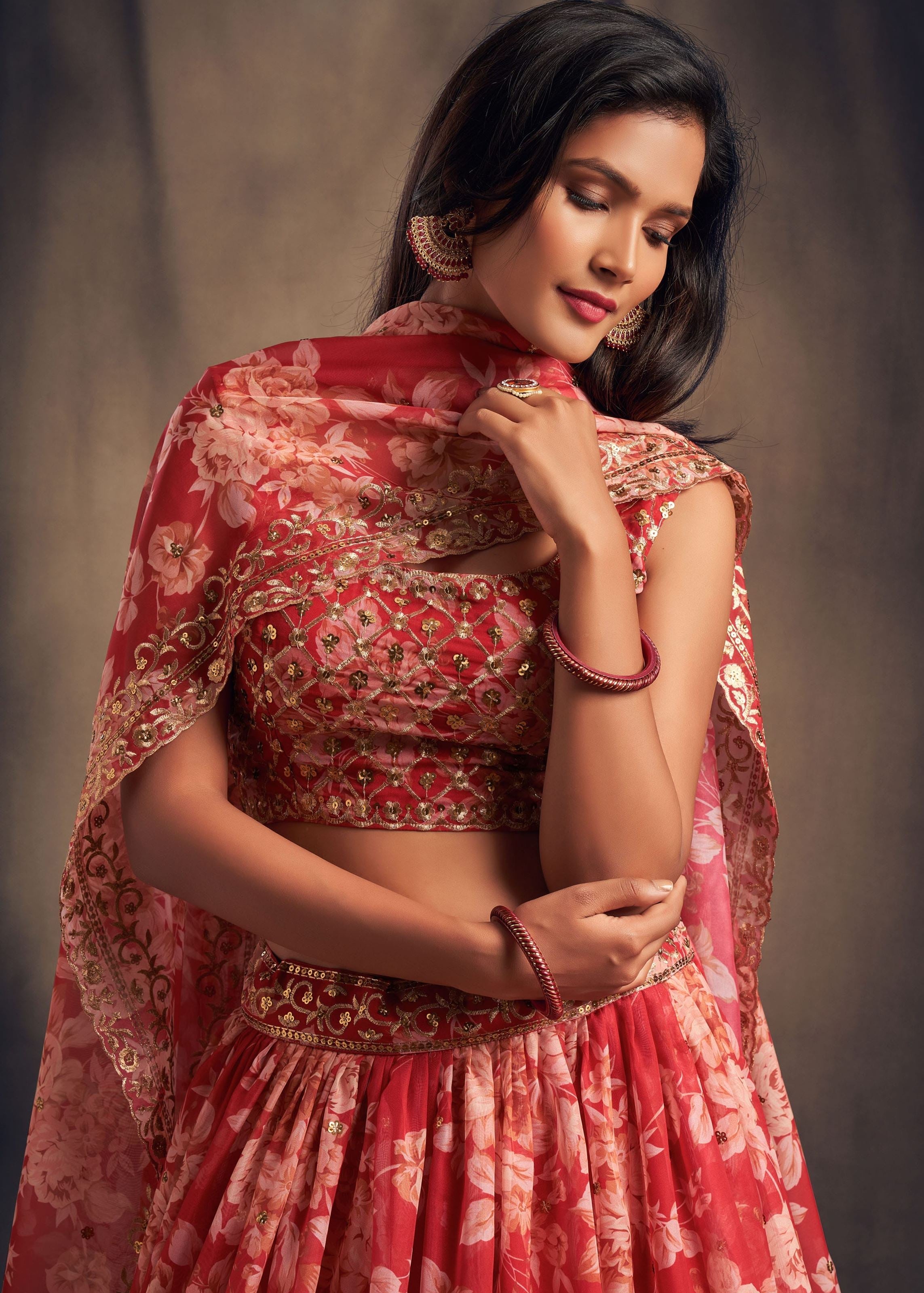 Red Organza Lehenga Choli With Sequins Zari Embroidery Work