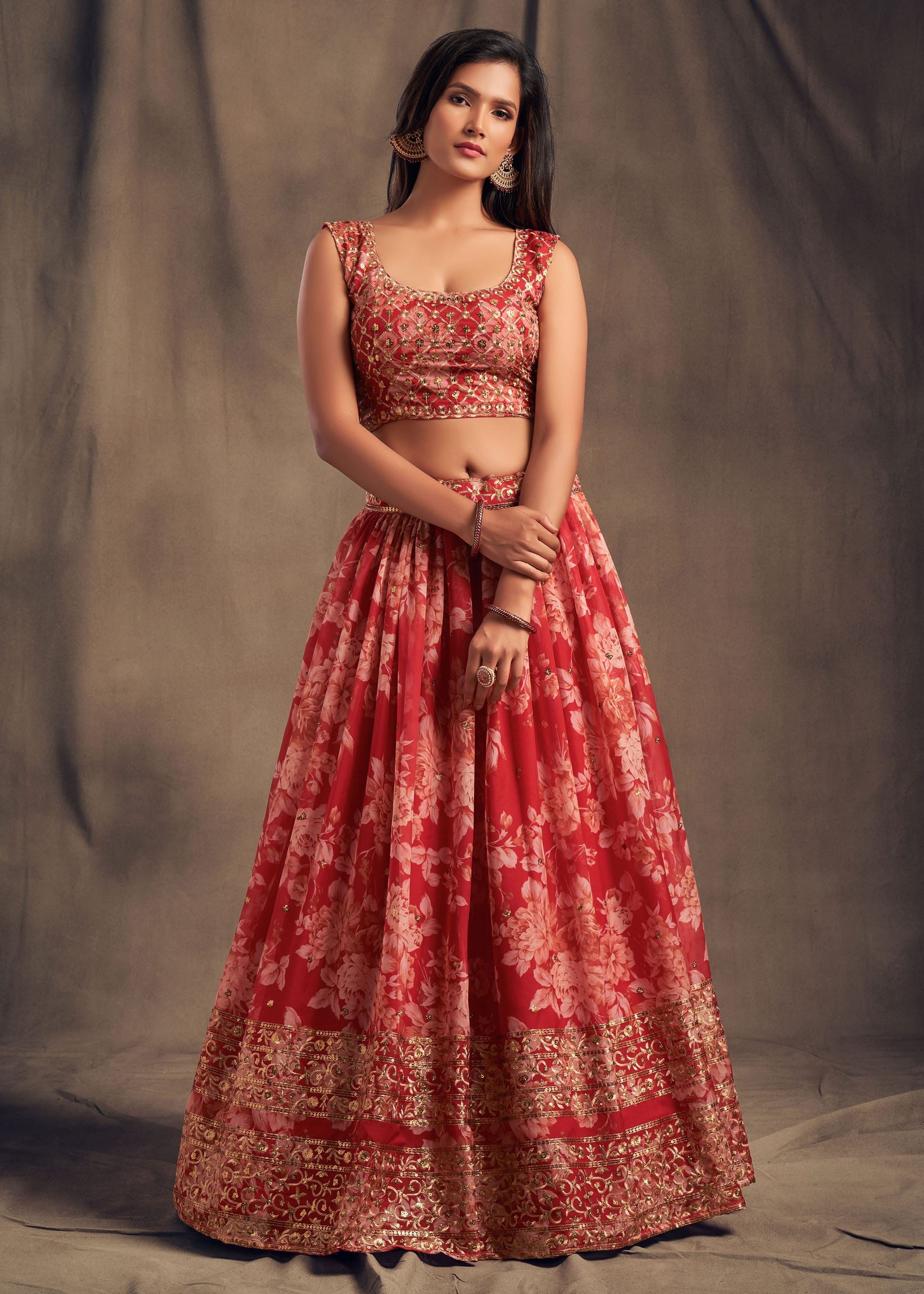 Red Organza Lehenga Choli With Sequins Zari Embroidery Work