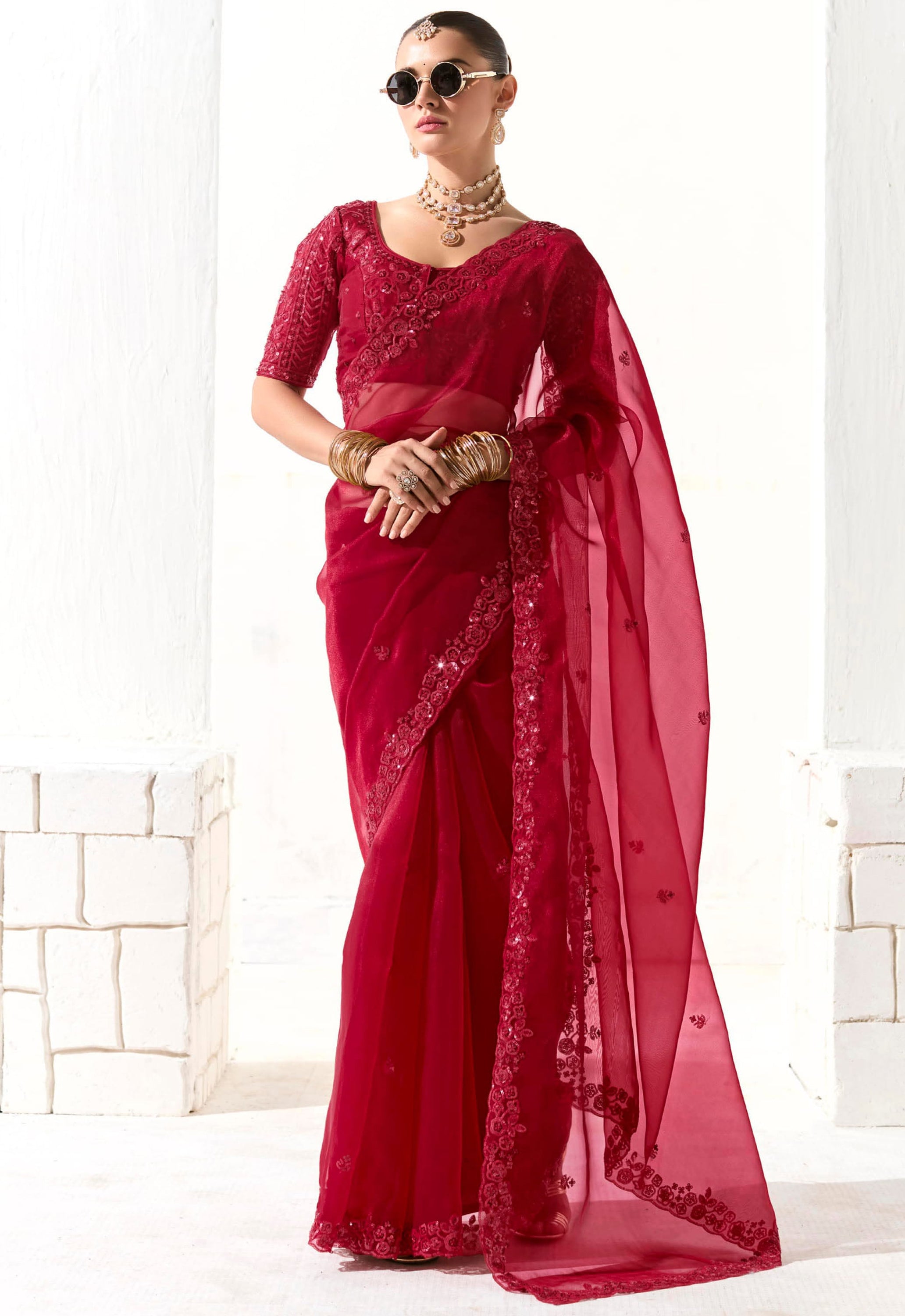 Red Organza Tissue Saree With Heavy Embroidery Butta Work With Embroidered Blouse