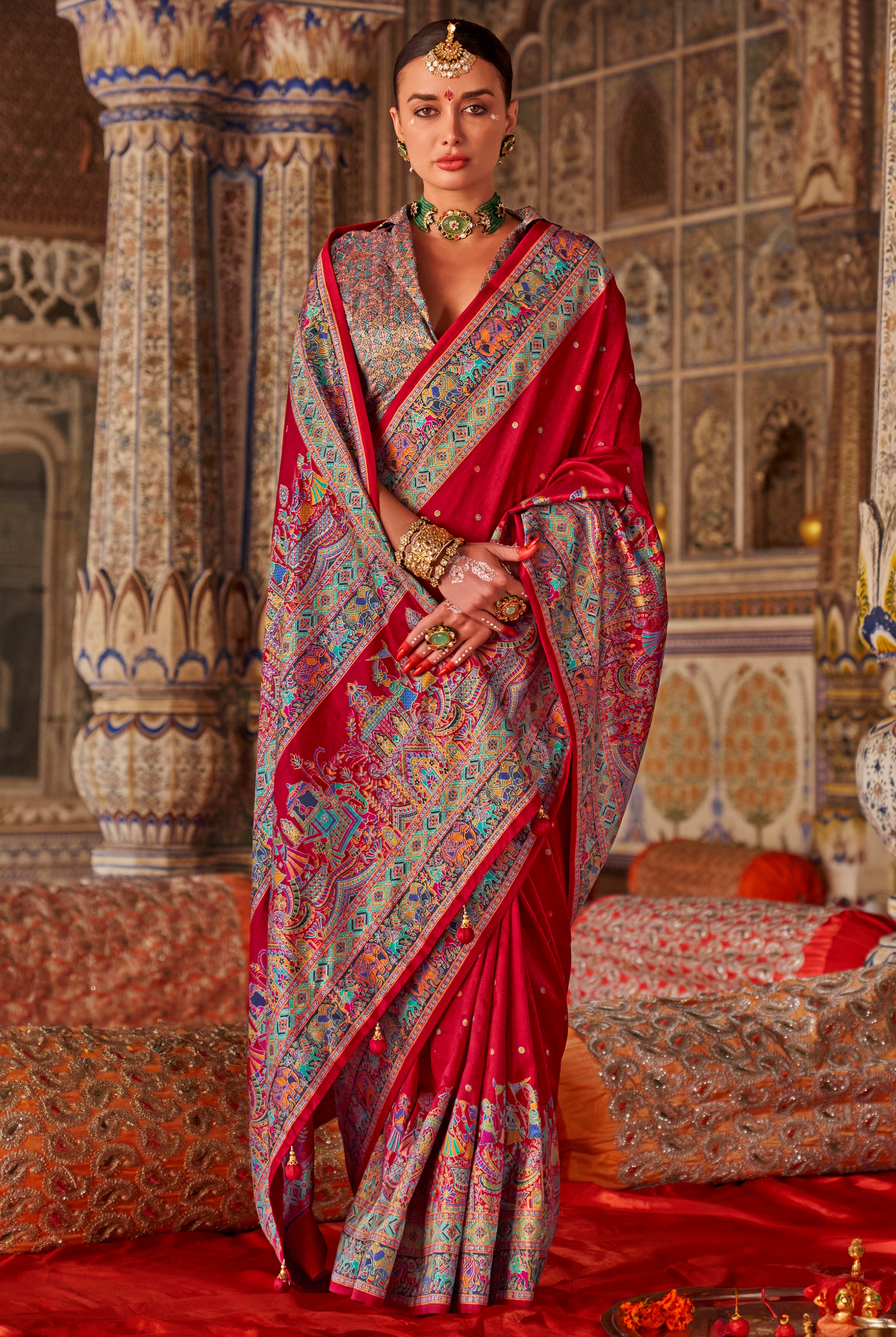 Red PV Silk Saree With Luxury Print and Glory Finish