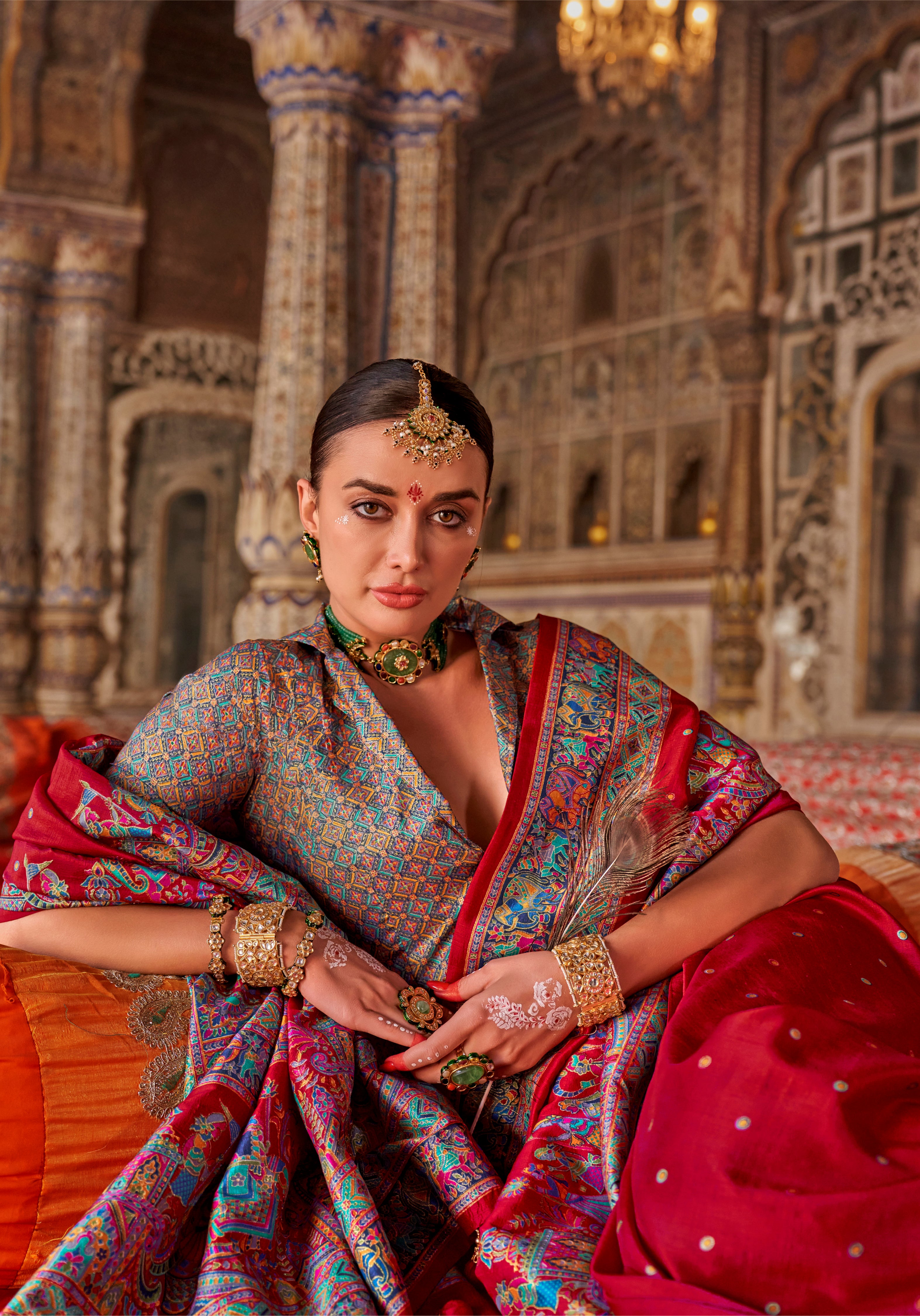 Red PV Silk Saree With Luxury Print and Glory Finish