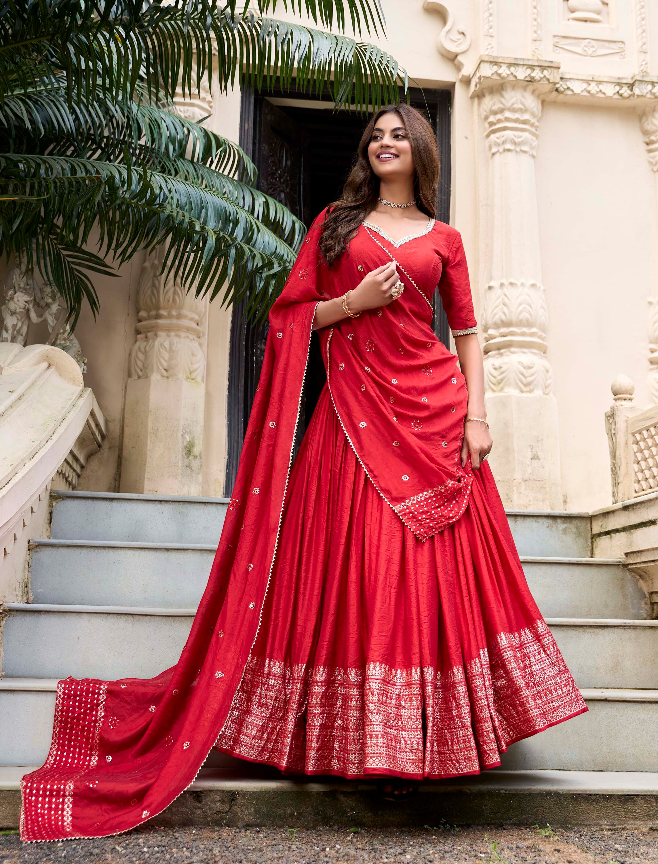 Red Plain Chanderi Lehenga with Zari Weaving Finish