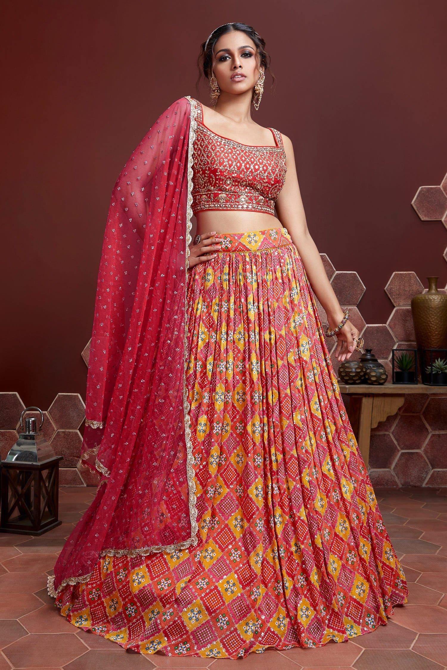 Red Pure Chinnon Silk Lehenga Choli With Digital Position Print and Heavy Embroidery with Real mirror work