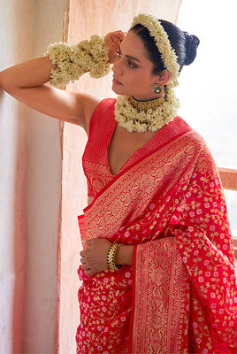 Red Pure Viscose Silk Saree With Jacquard Woven Work