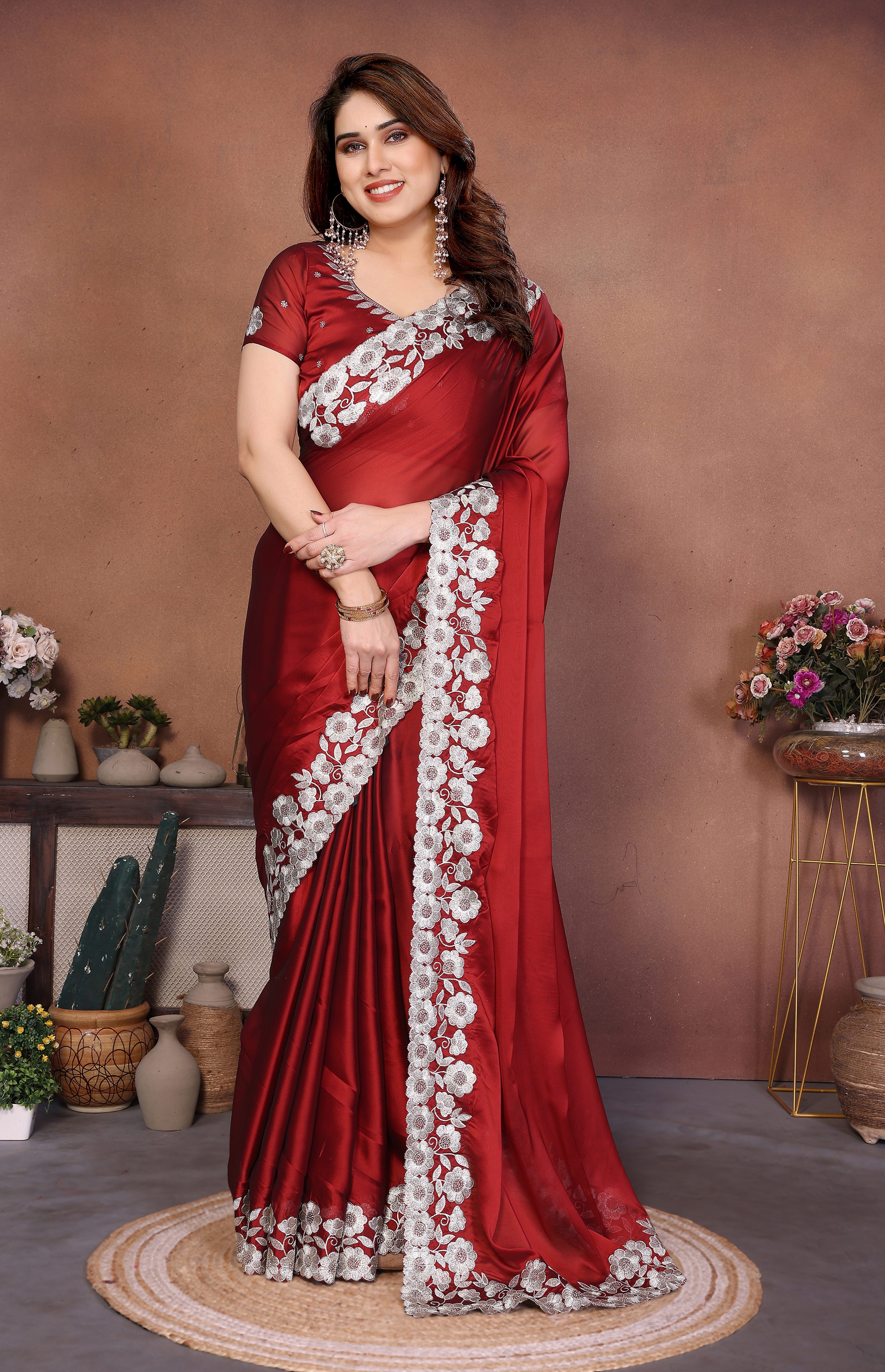 Red Rangoli Silk Saree with Heavy Designer Thread Embroidery