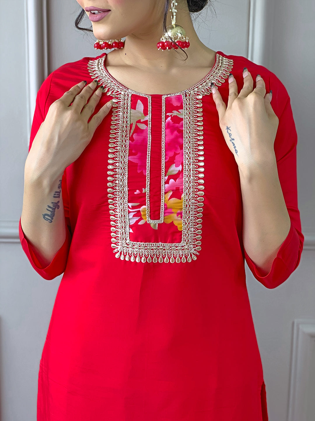 Red Rayon Elegant Kurta Pant Set With Embroidery Work