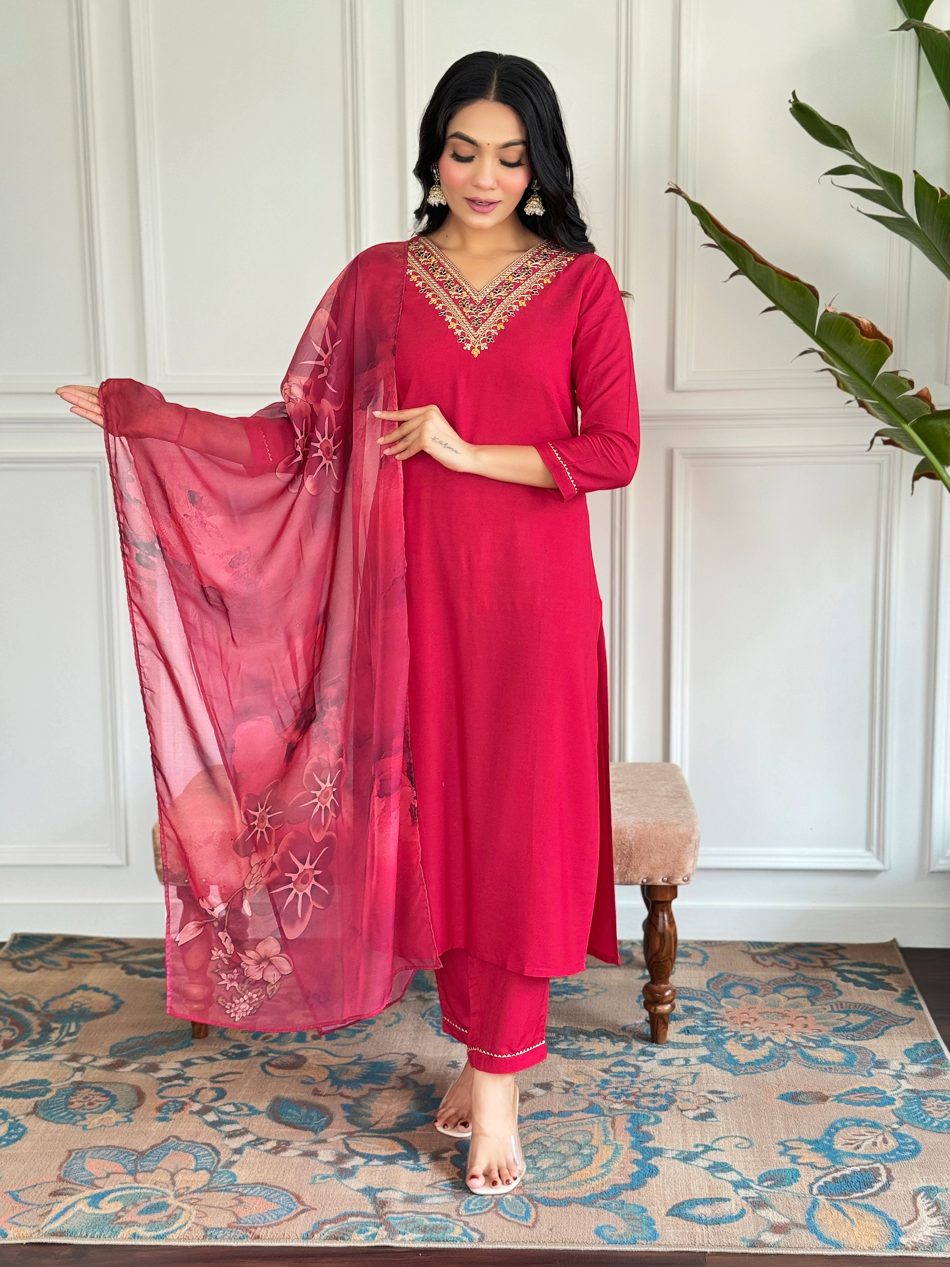 Red Rayon Elegant Kurta Pant Set With Embroidery Work