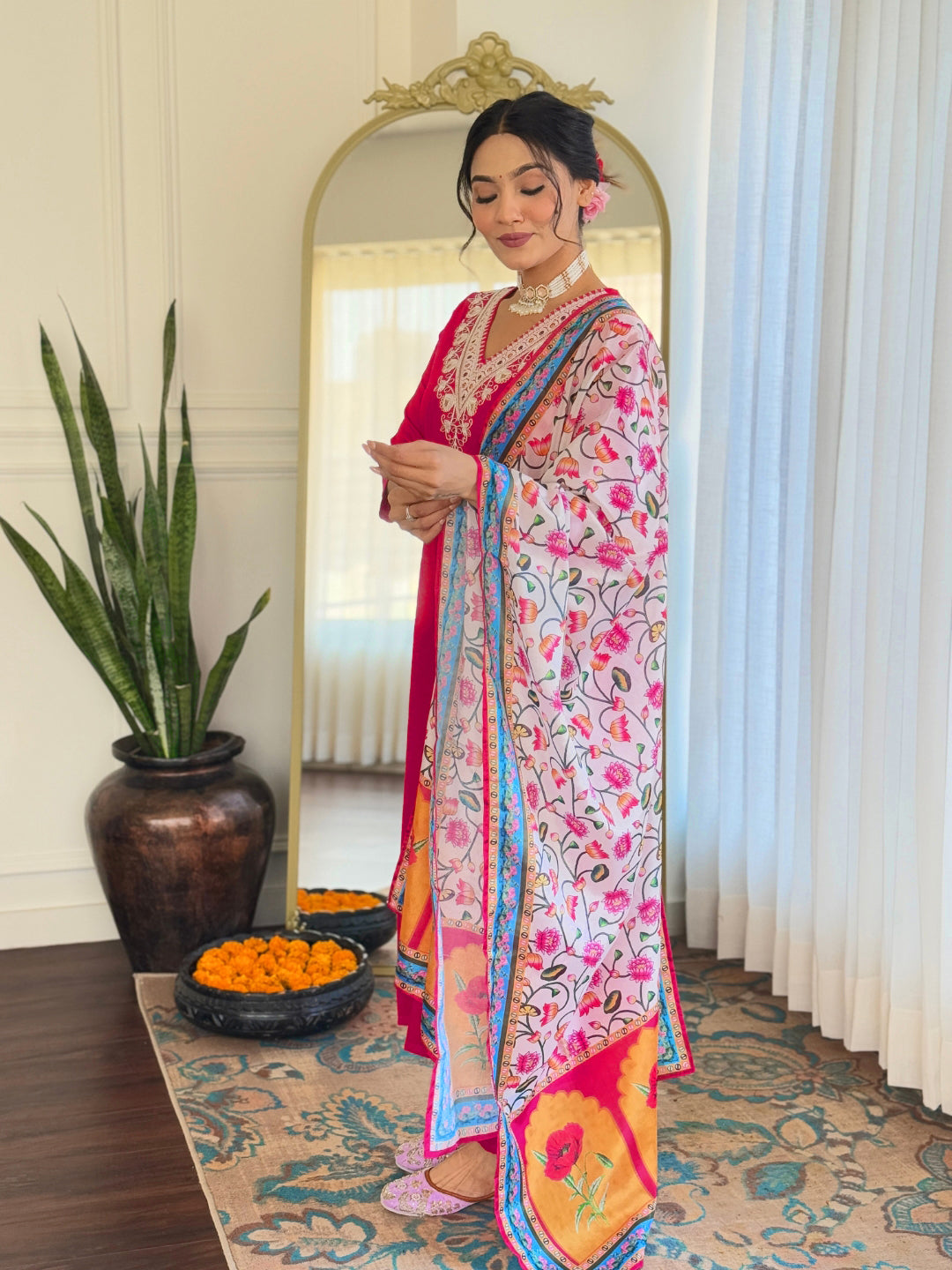 Red Rayon Elegant Kurta Pant Set With Thread Work