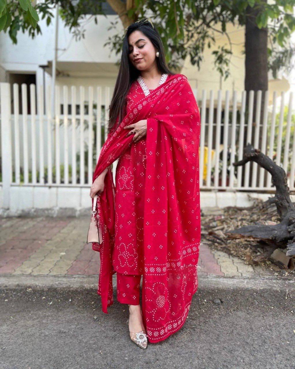 Red Rayon Kurta Pant Set Printed