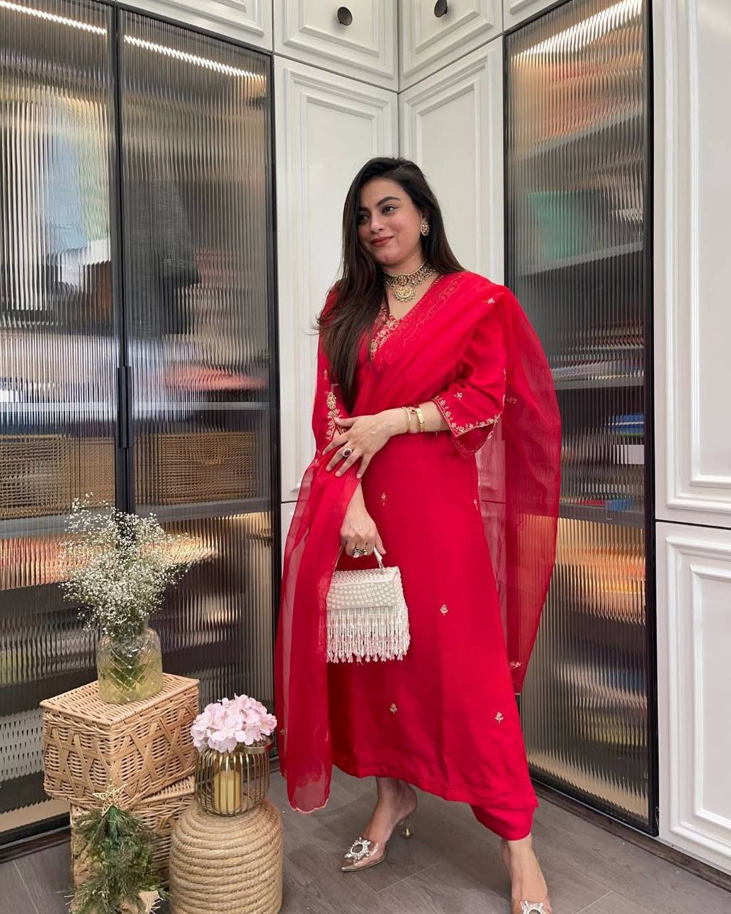 Red Rayon Kurta Pant with Heavy Thread Embroidery Work