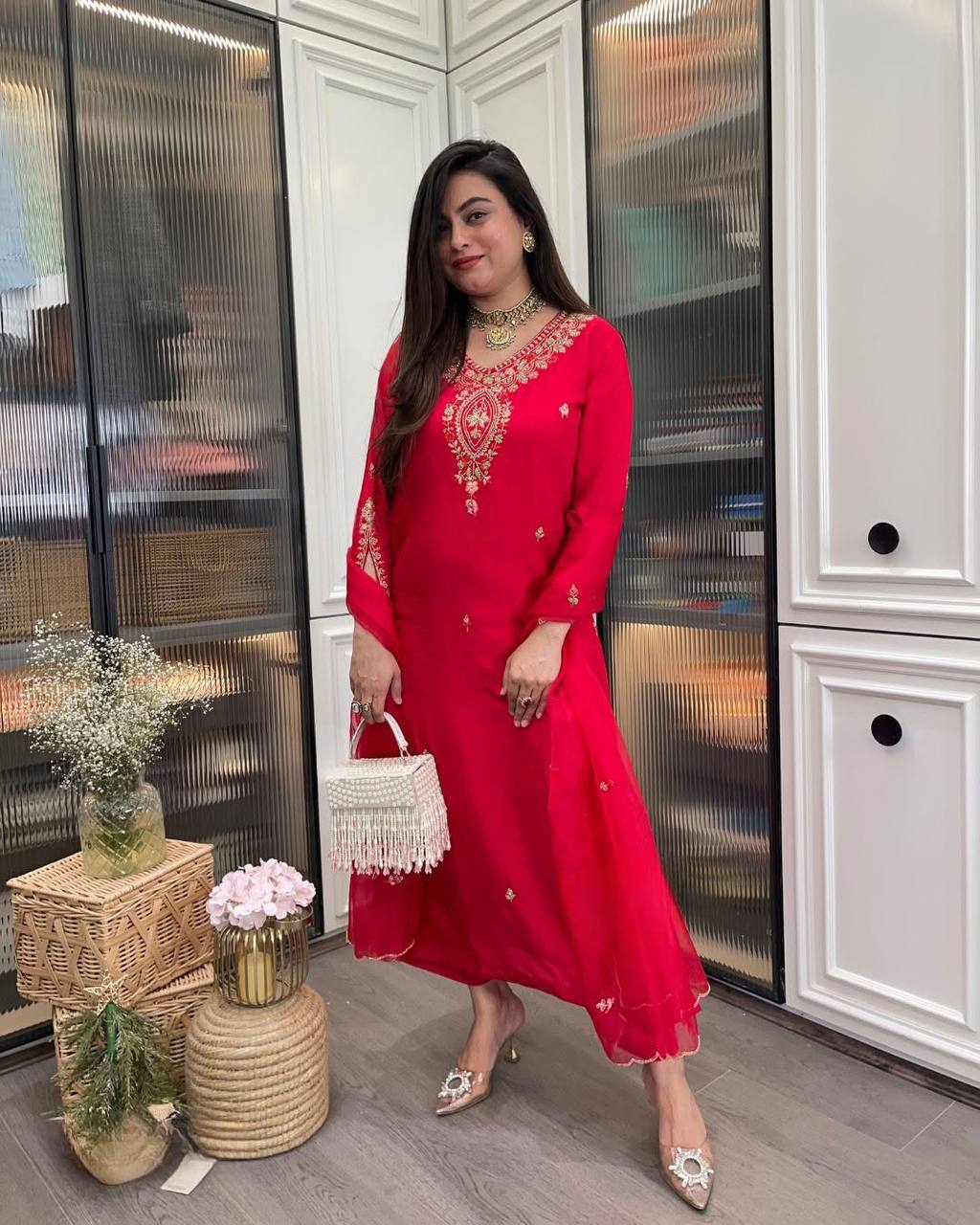 Red Rayon Kurta Pant with Heavy Thread Embroidery Work