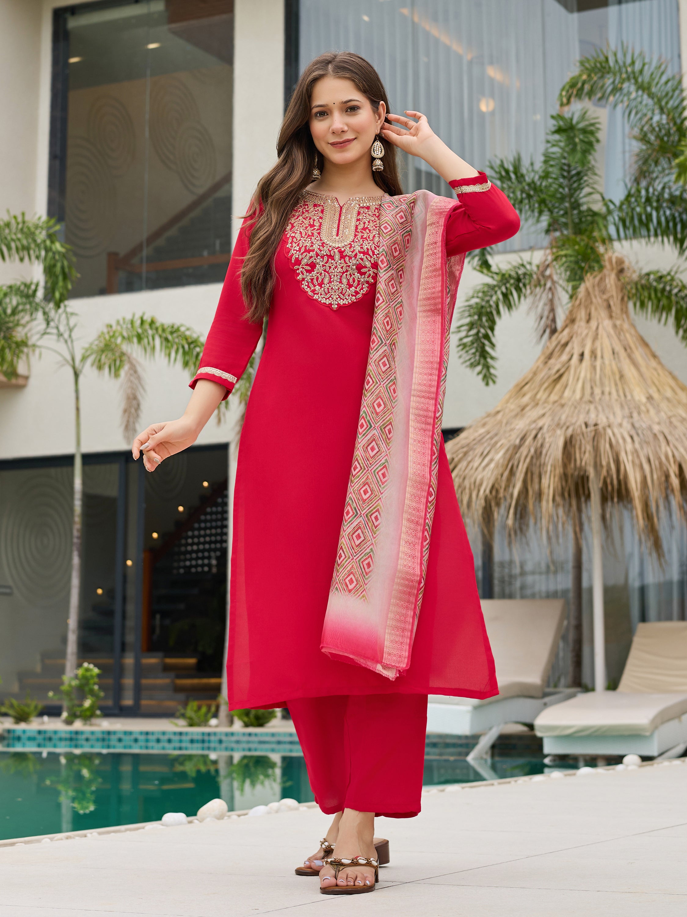 Red Rayon Slub Elegant Kurta Pant Set With Embroidery Work