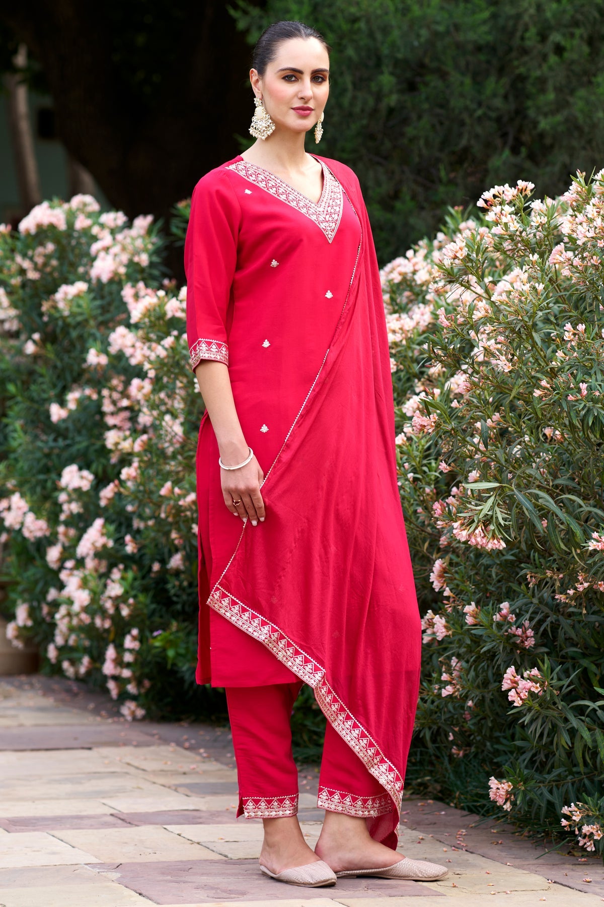 Red Rayon Slub Kurta Pant with Heavy Thread Embroidery Work