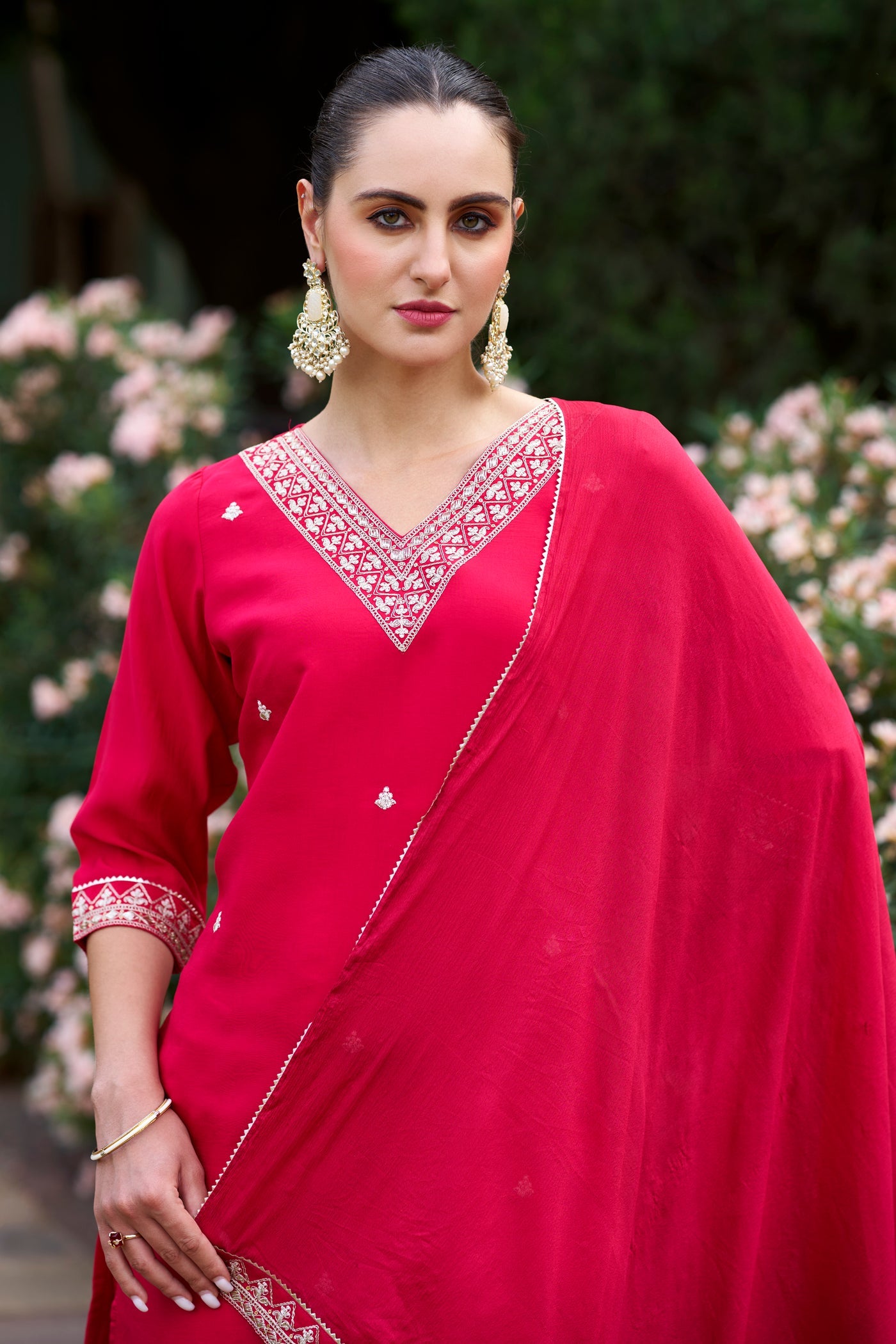 Red Rayon Slub Kurta Pant with Heavy Thread Embroidery Work