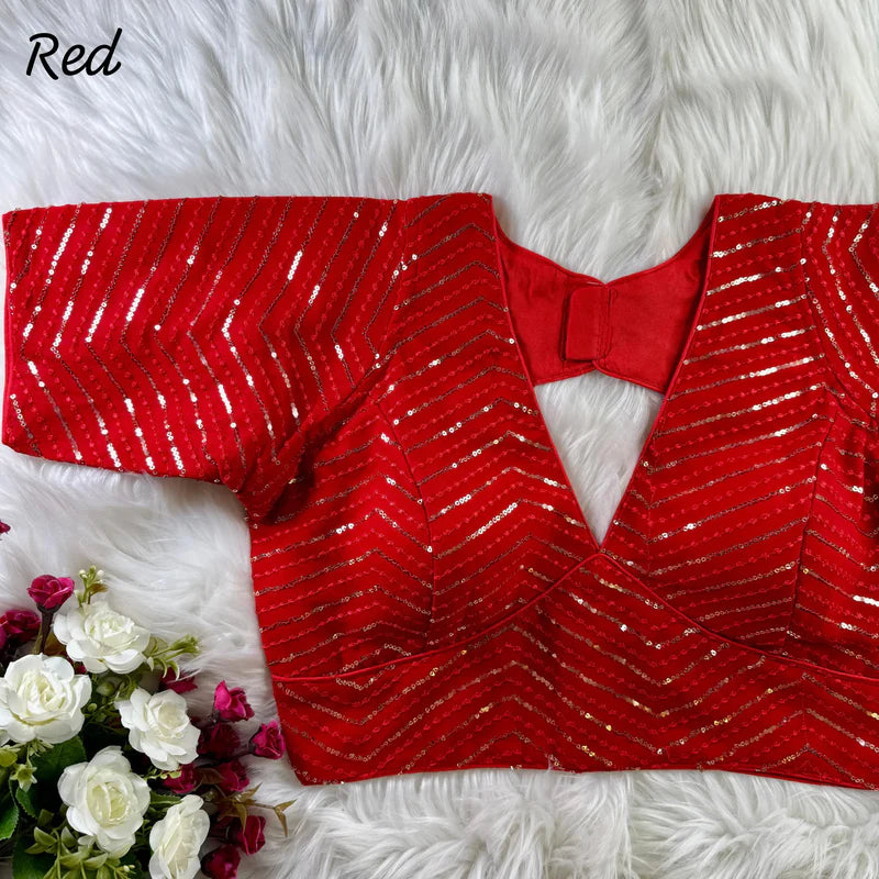 Red Sabyasachi-Inspired Deep Neck Embroidered Faux Georgette Blouse with Sequin Work