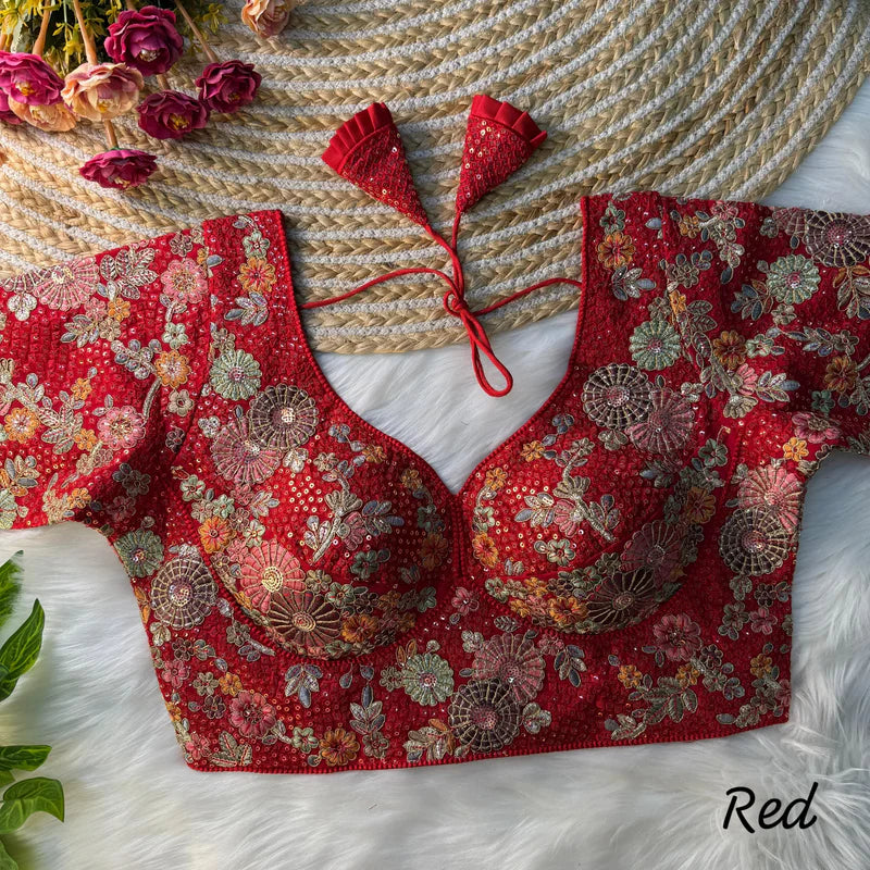 Red Sabyasachi-Inspired Heavy Embroidered Faux Georgette Blouse with Sequin Work