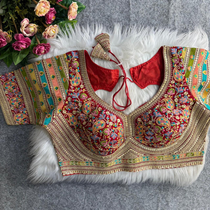 Red Sabyasachi Style Heavy Kashmiri Thread & Cording Work Fox Georgette Blouse for Women