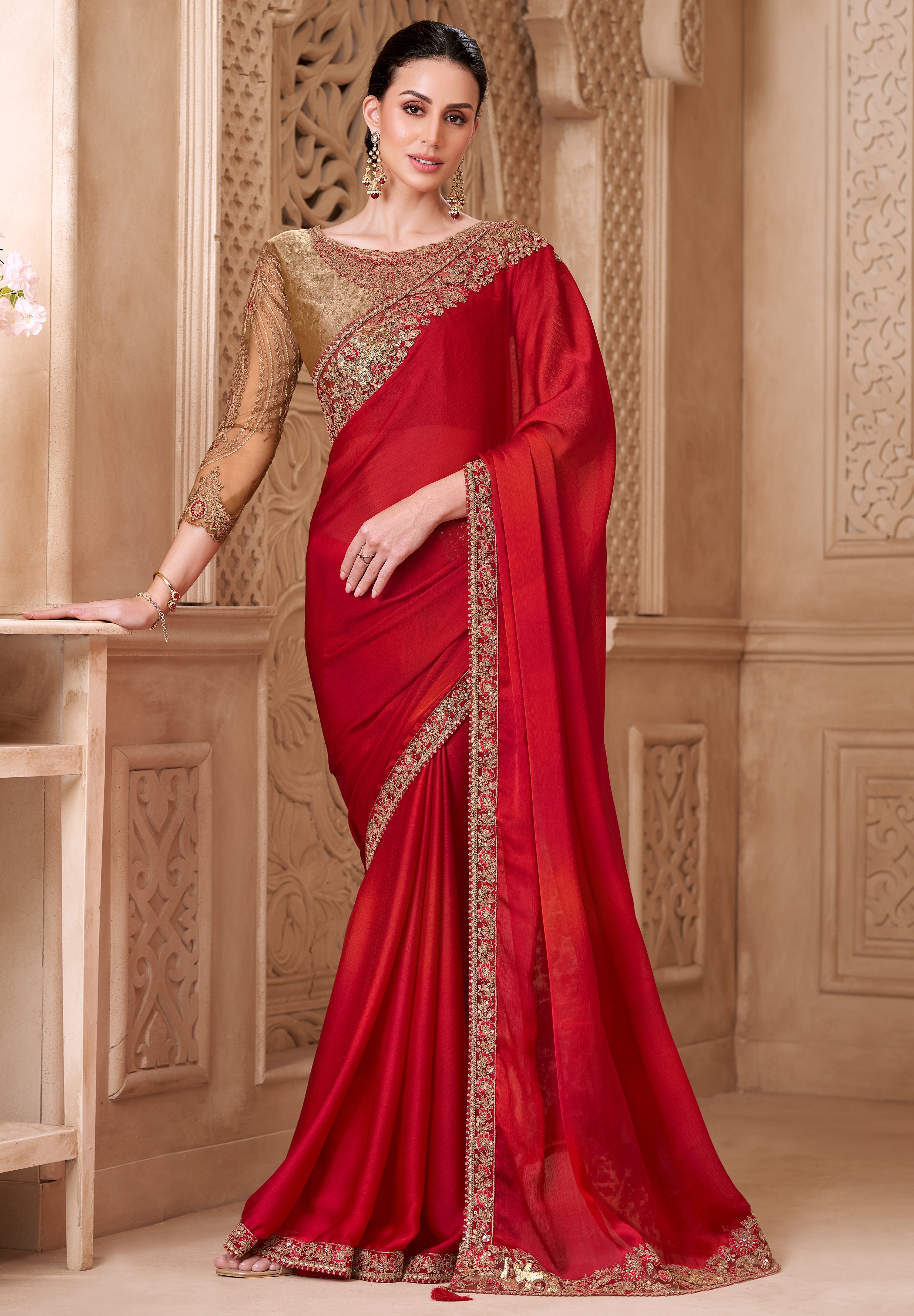 Red Saree With Heavy Thread Embroidery Sequins Border Work With Embroidery Blouse
