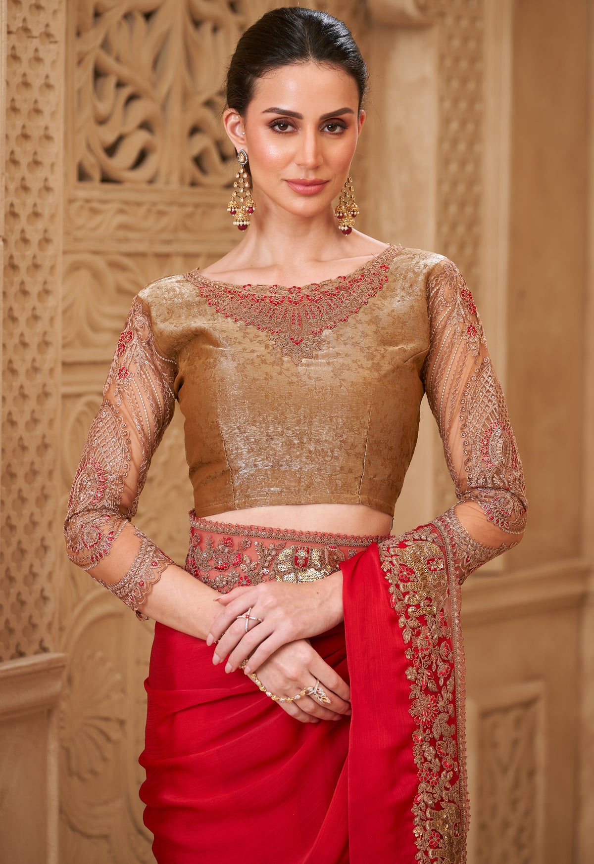 Red Saree With Heavy Thread Embroidery Sequins Border Work With Embroidery Blouse